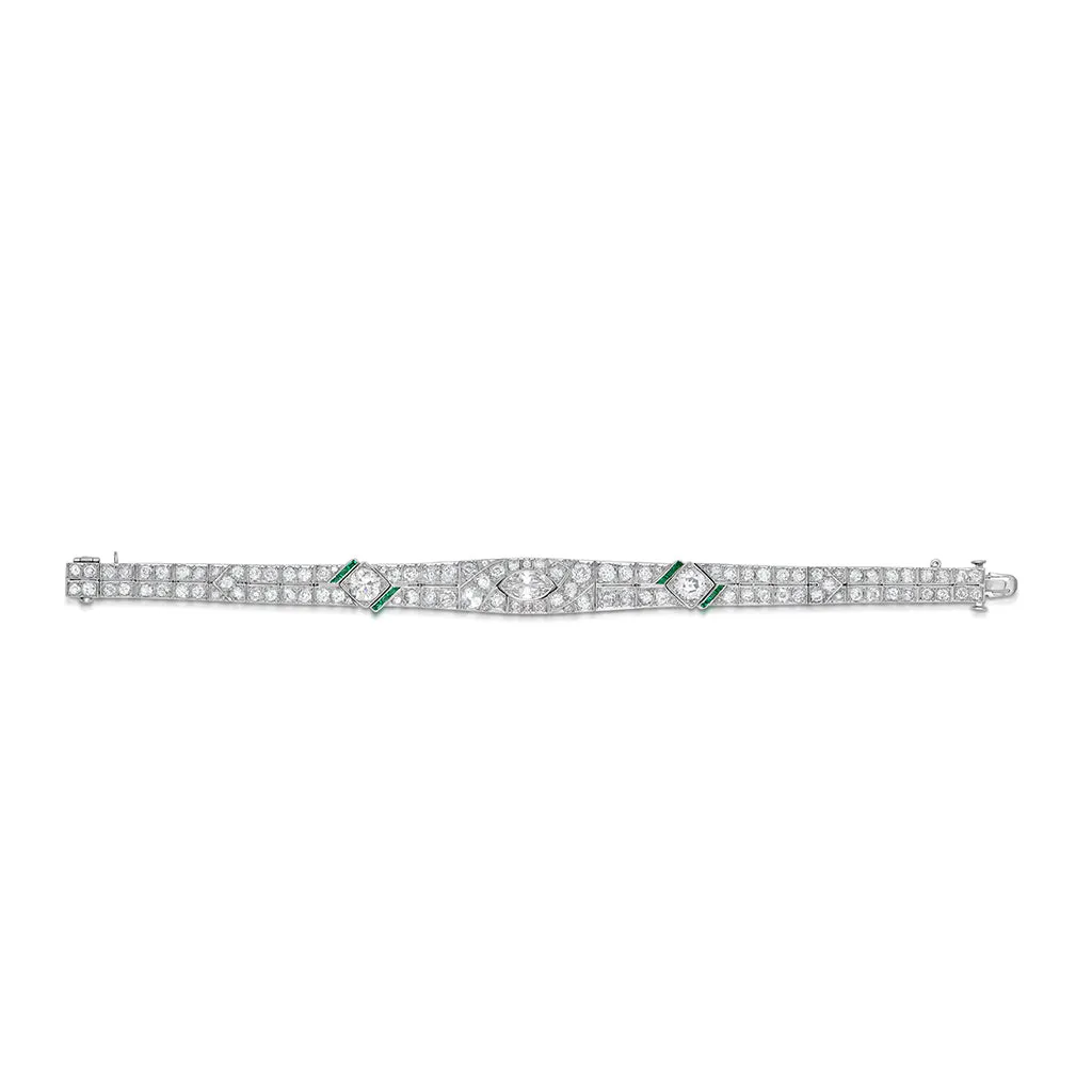 10.00 Carat Antique Diamond and Emerald Art Deco Bracelet