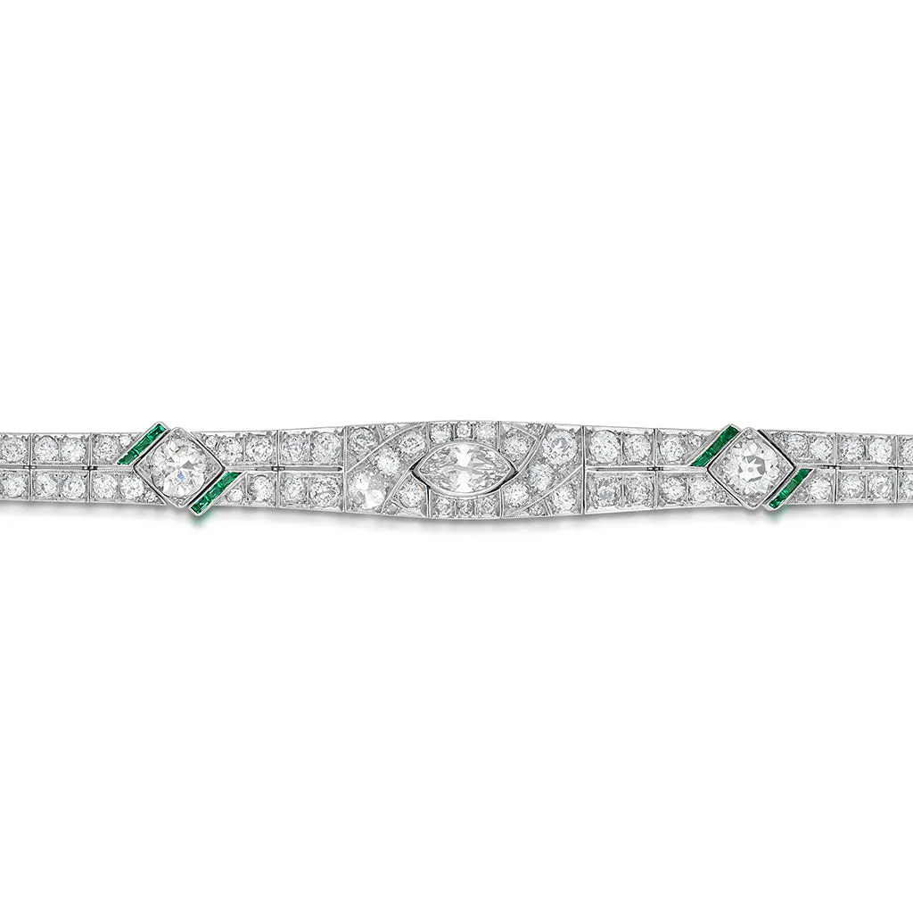 10.00 Carat Antique Diamond and Emerald Art Deco Bracelet