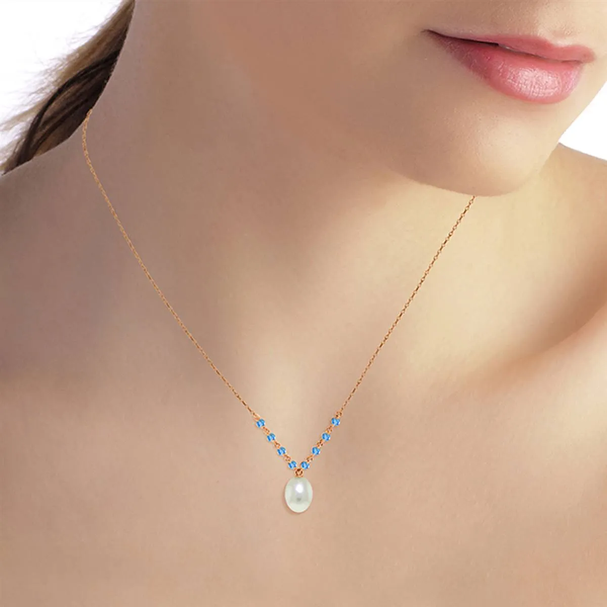14K Solid Rose Gold Natural Blue Topaz & Pearl Necklace Gemstone