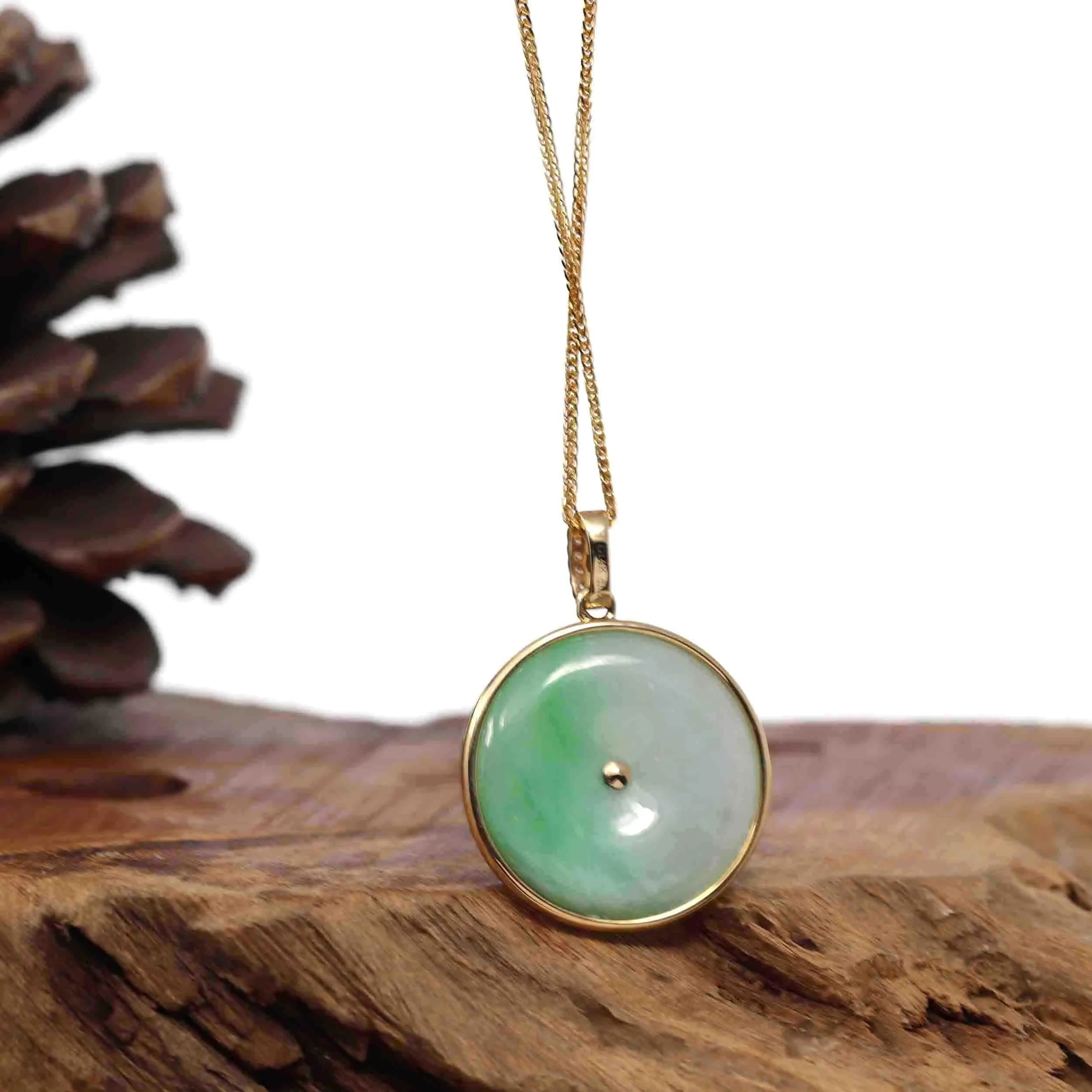 14K Yellow Gold "Good Luck Button" Necklace Ice Green Jadeite Jade Pendant Necklace