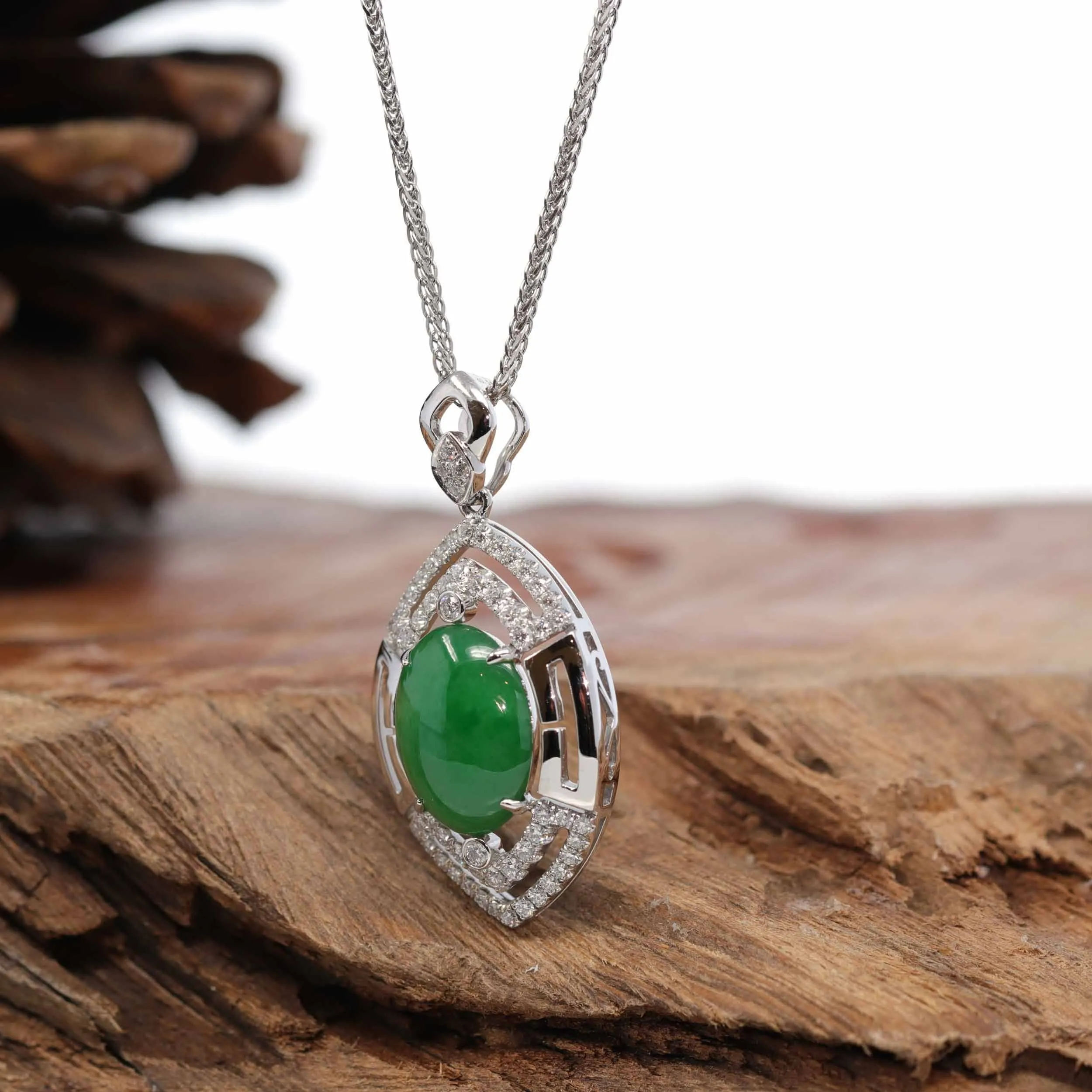 18K White Gold Oval Imperial Jadeite Jade Cabochon Necklace with Diamonds
