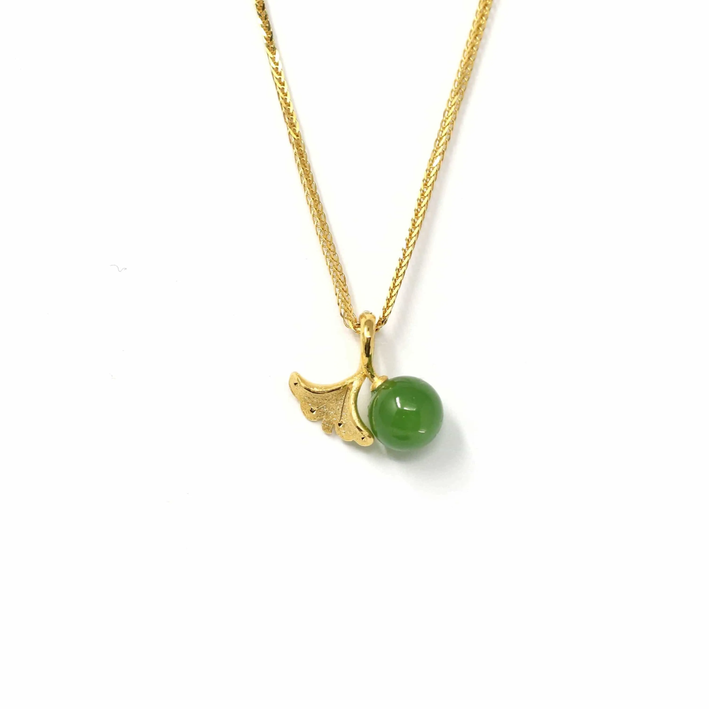 24k Yellow Gold Genuine Green Jade Bead With Ginkgo Leaf Pendant Necklace