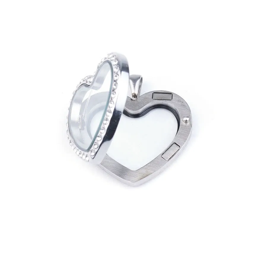 32mm Heart Shaped Stainless Steel Locket with Clear Crystals