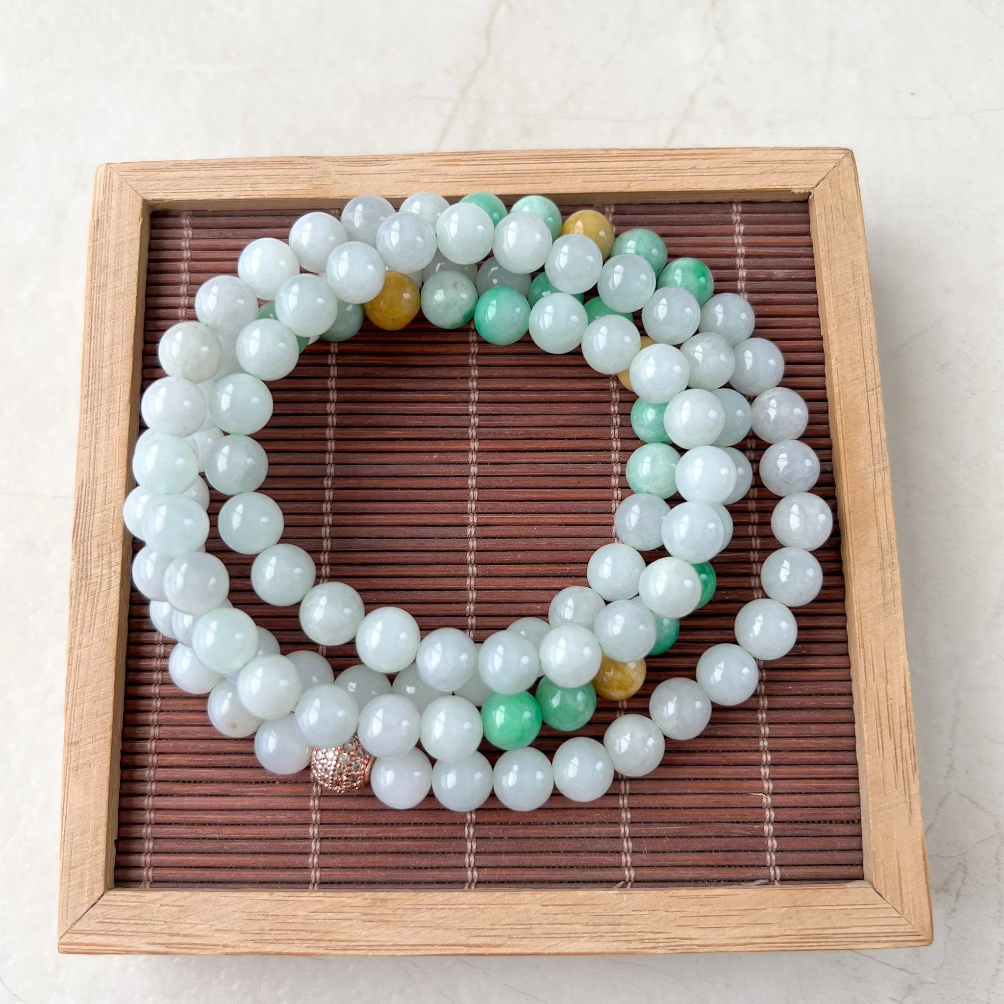 7.5 mm 108 White Green Yellow Jadeite Jade Mala Prayer Beads Bracelet Necklace, FCSG-1221-1678122966