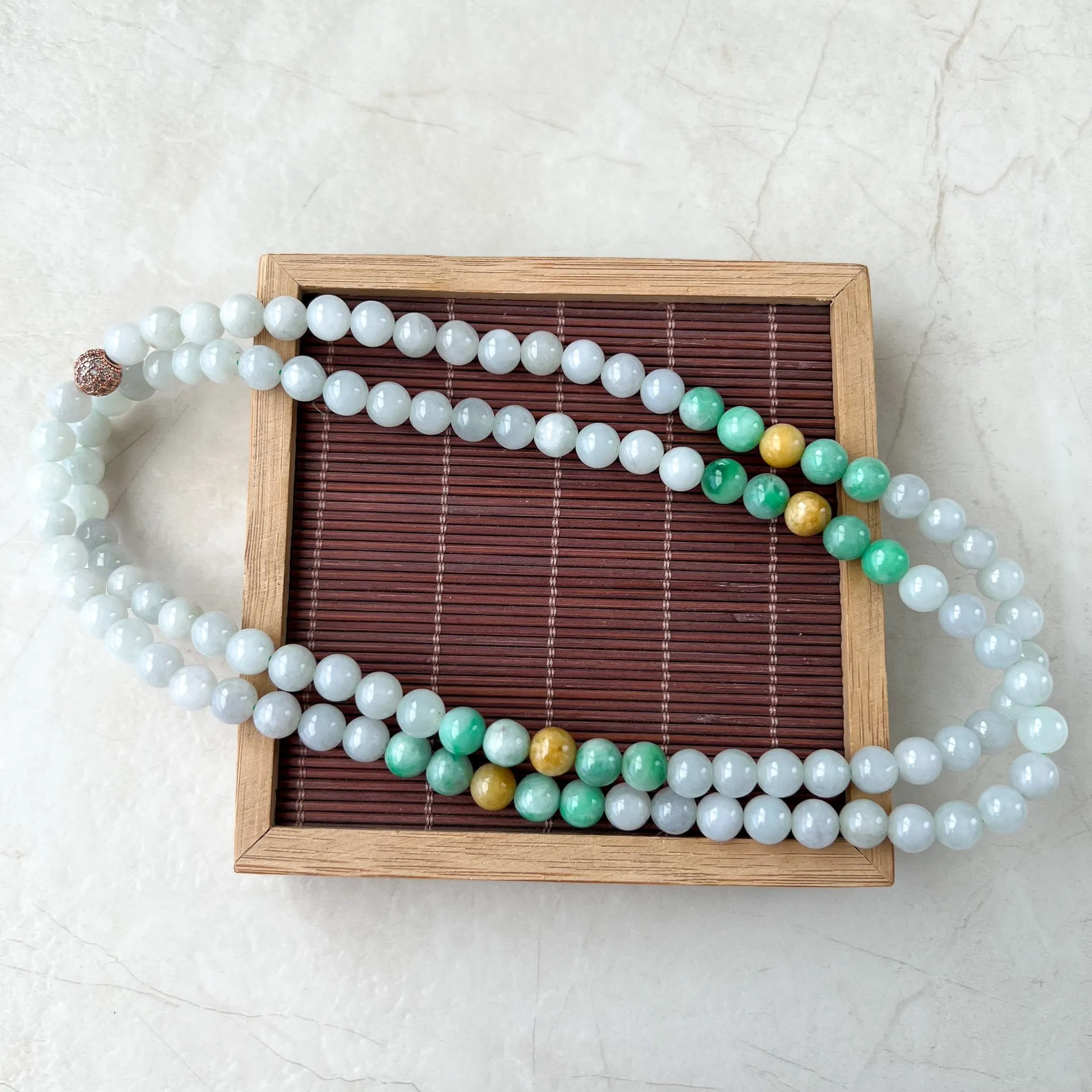 7.5 mm 108 White Green Yellow Jadeite Jade Mala Prayer Beads Bracelet Necklace, FCSG-1221-1678122966