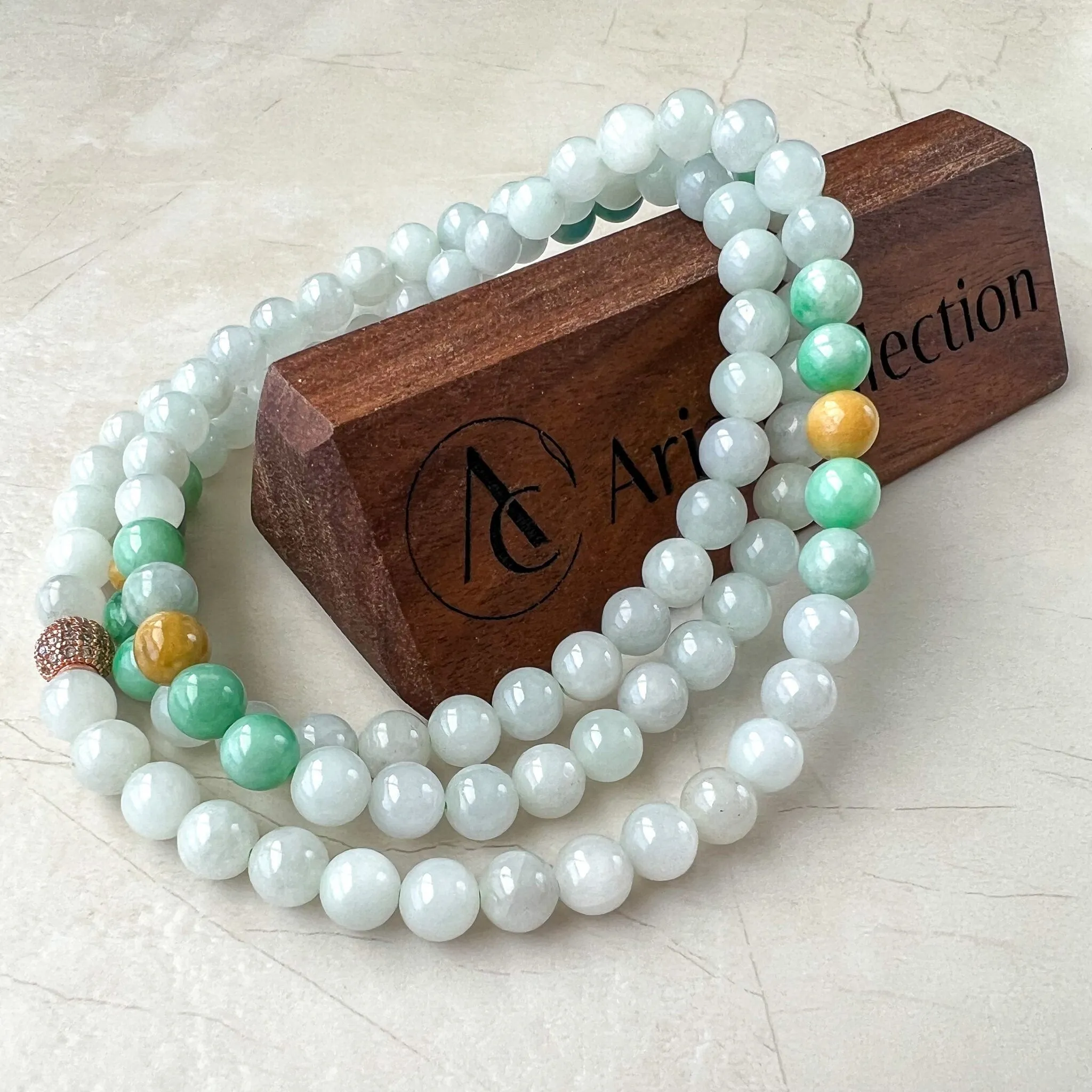 7.5 mm 108 White Green Yellow Jadeite Jade Mala Prayer Beads Bracelet Necklace, FCSG-1221-1678122966