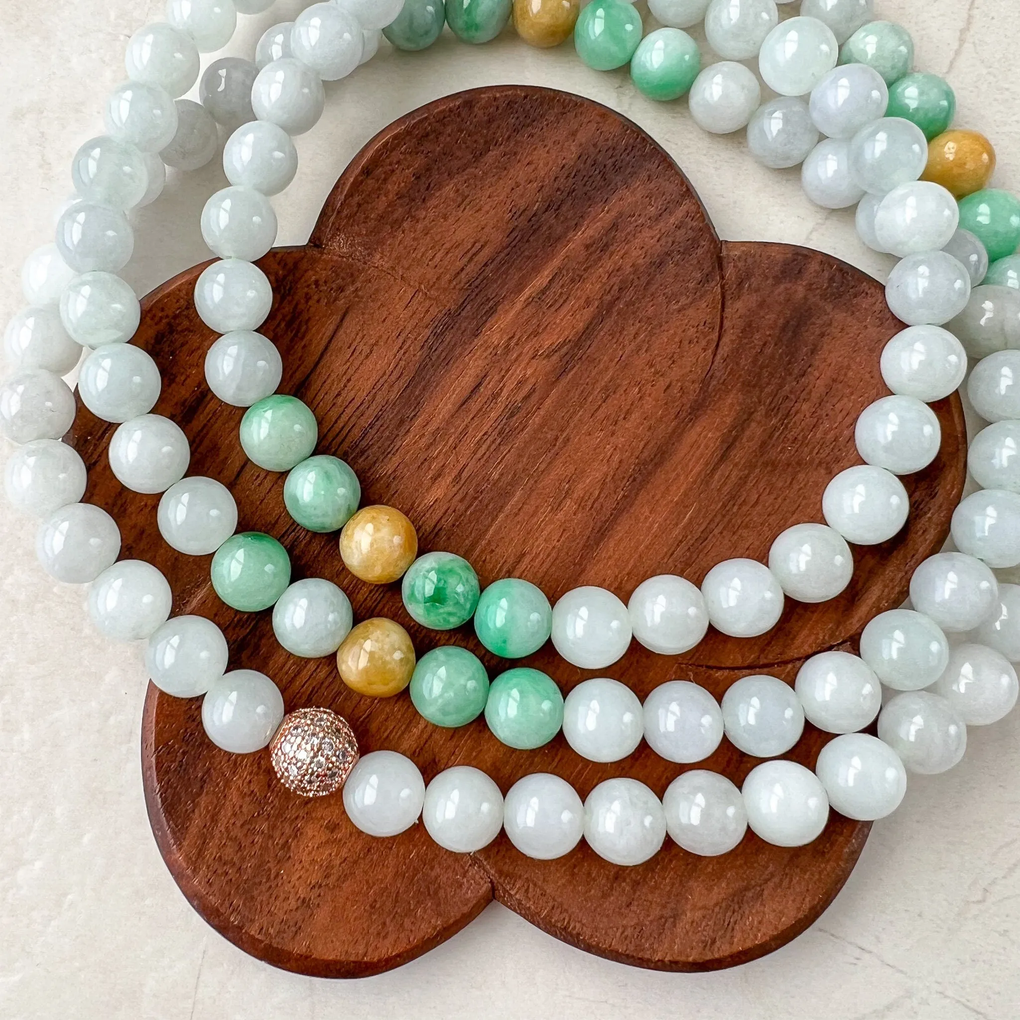 7.5 mm 108 White Green Yellow Jadeite Jade Mala Prayer Beads Bracelet Necklace, FCSG-1221-1678122966