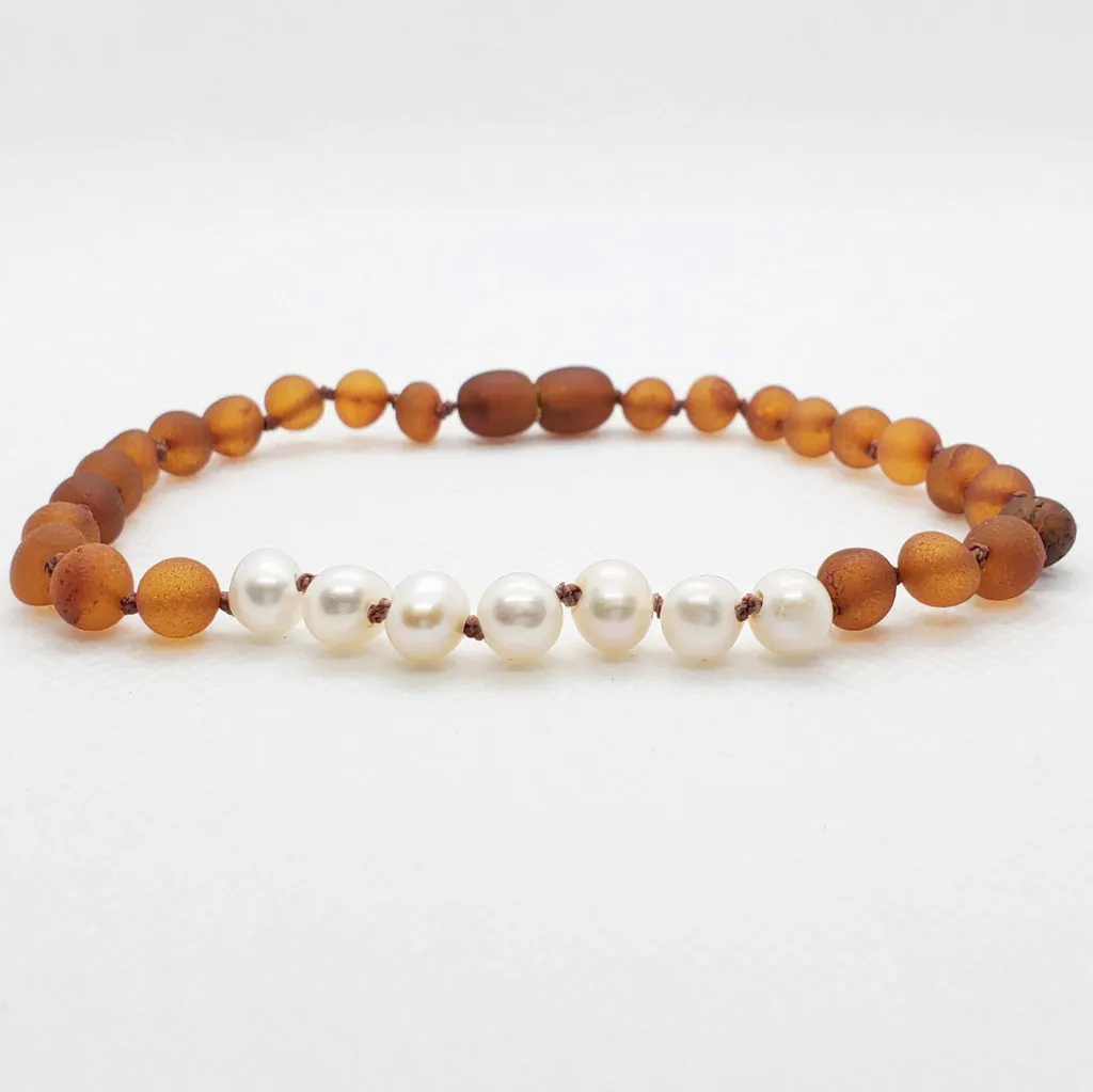 Adults | Freshwater Pearl   Raw Cognac Amber Anklet