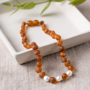 Adults | Freshwater Pearl   Raw Cognac Amber Anklet