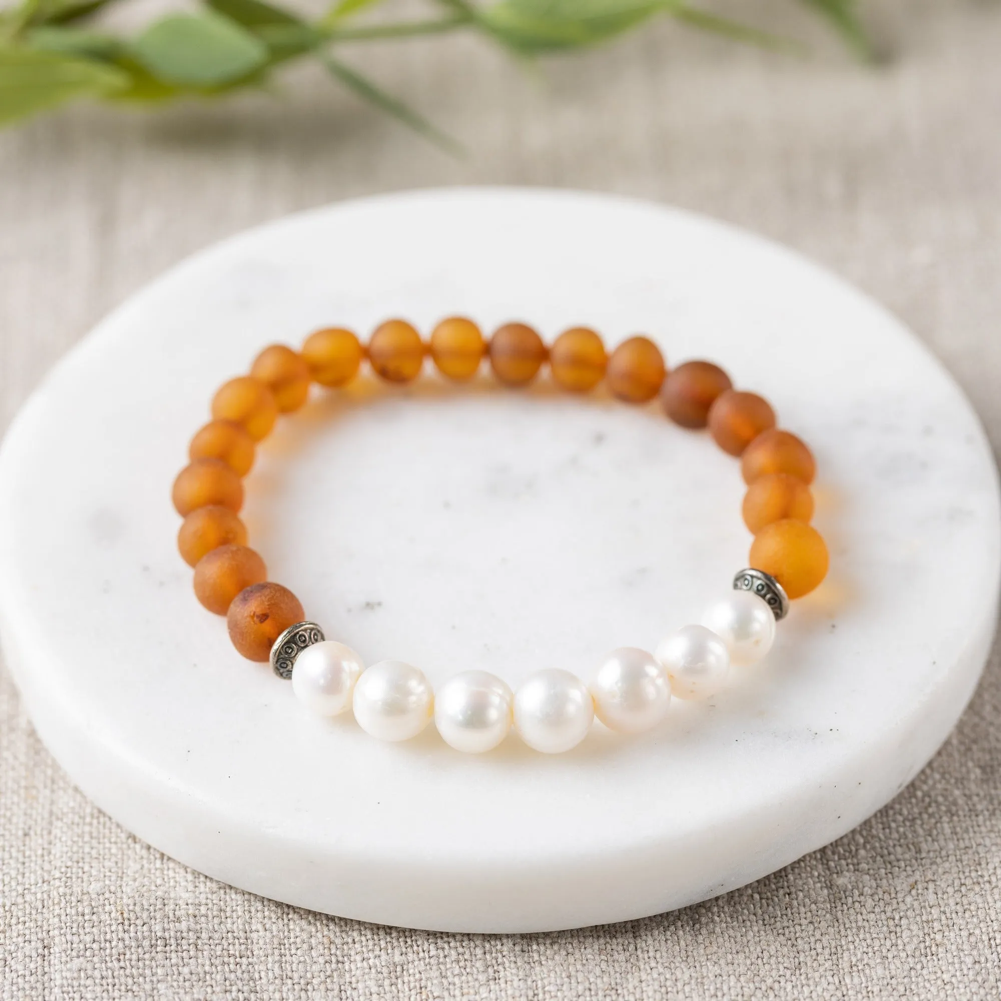 Adults | Freshwater Pearl   Raw Cognac Amber Bracelet