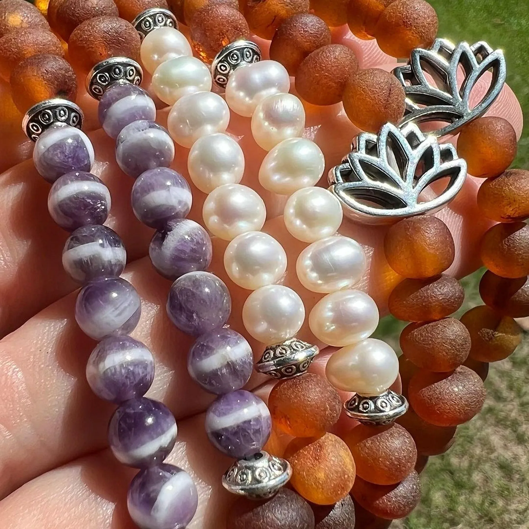 Adults | Freshwater Pearl   Raw Cognac Amber Bracelet