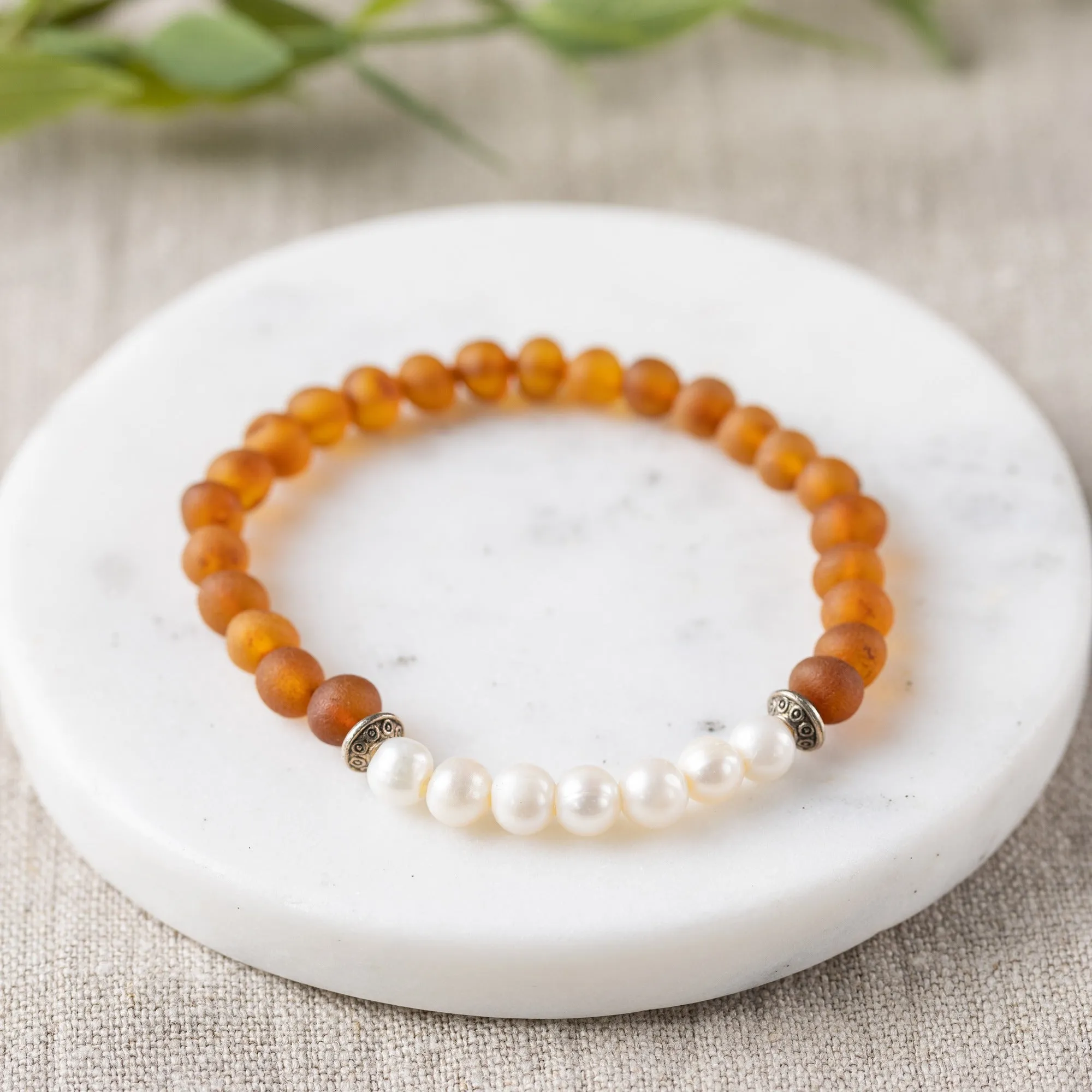 Adults | Freshwater Pearl   Raw Cognac Amber Bracelet