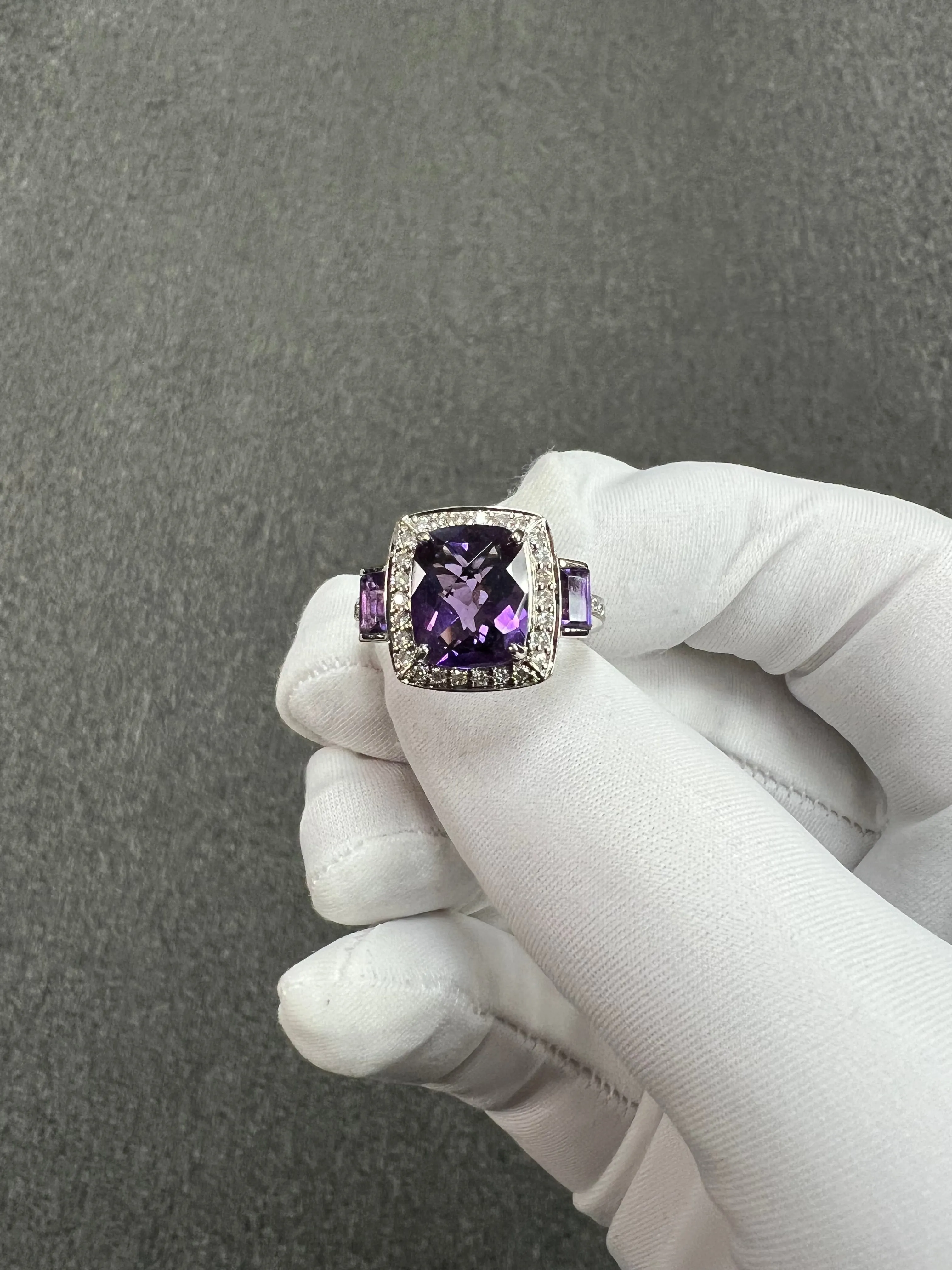 Amethyst And Diamond White Gold Ring Size 8.25