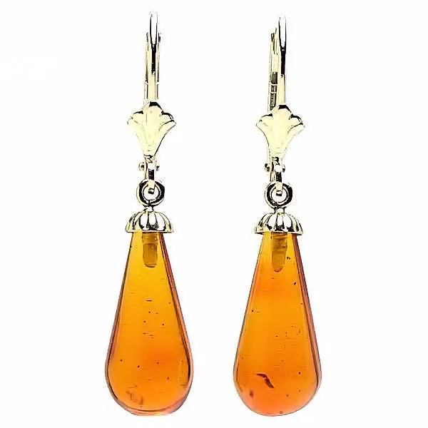 Anya: Natural 16mm Baltic Amber Teardrop Leverback Earrings 14/20 GF