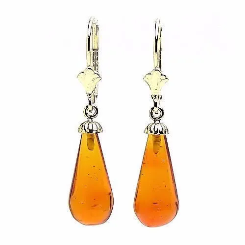 Anya: Natural 16mm Baltic Amber Teardrop Leverback Earrings 14/20 GF