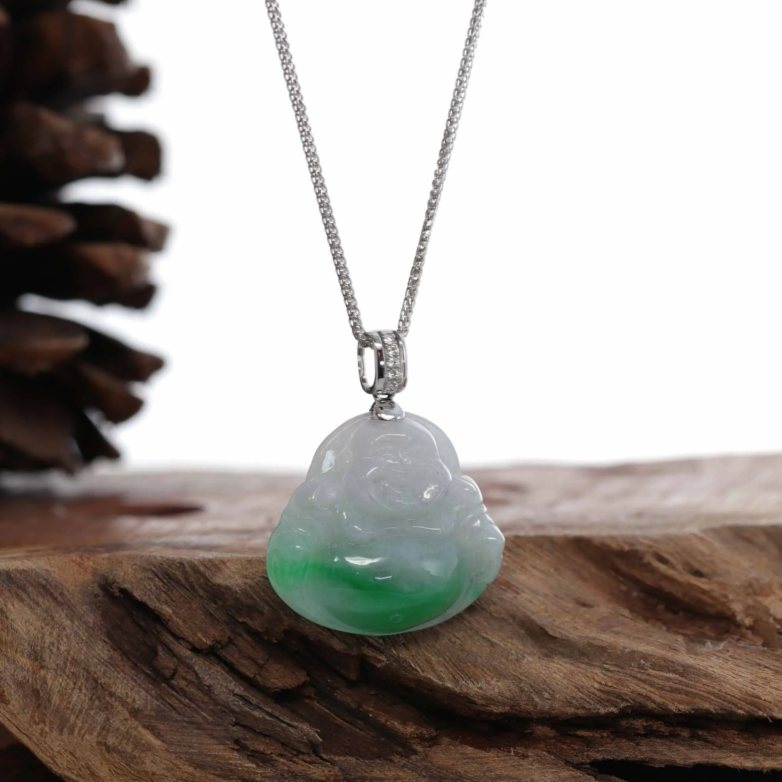 Baikalla™ "Laughing Buddha" Genuine Green Jadeite Buddha Necklace With 14k White Gold Diamond Bail