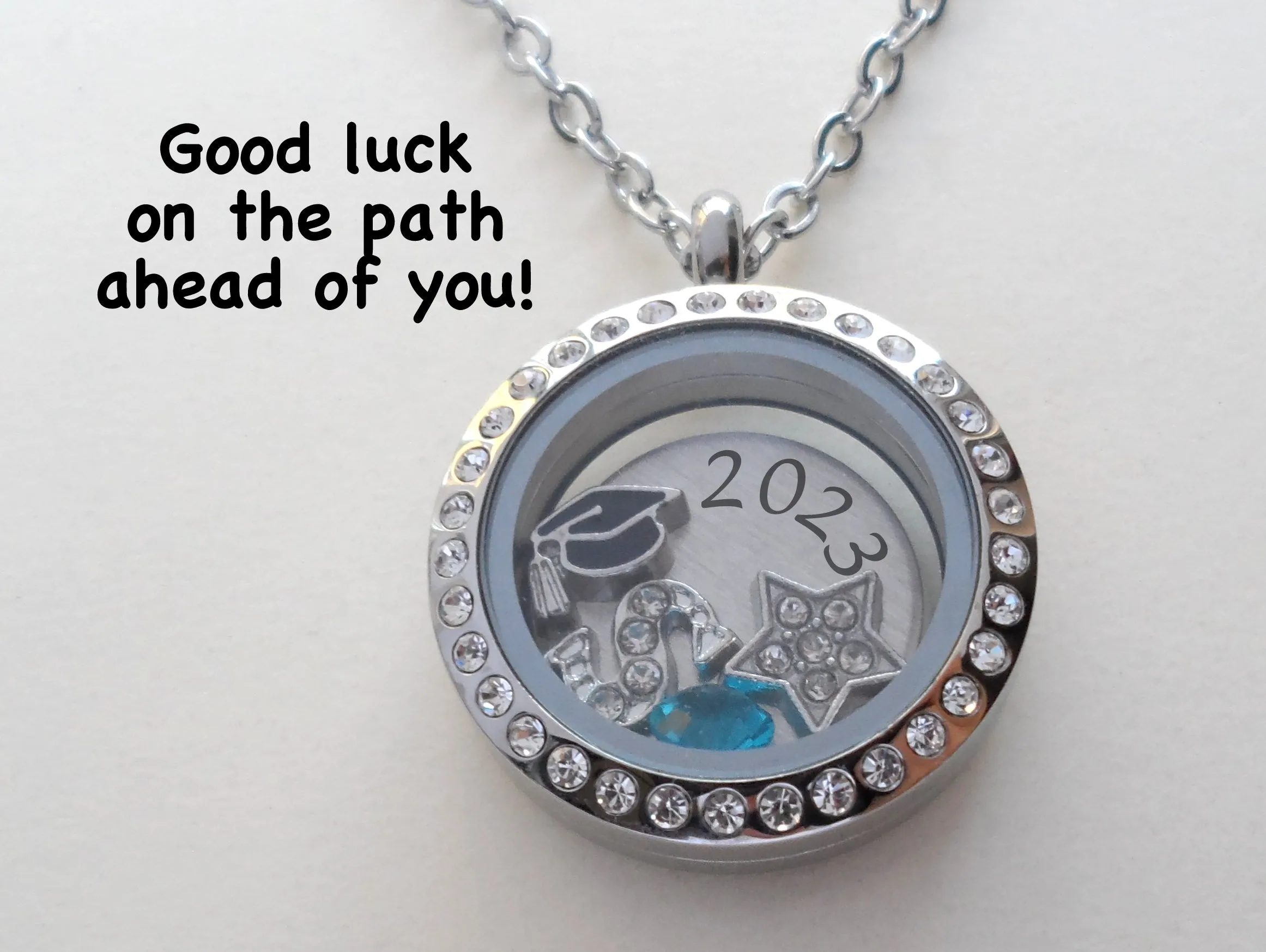 Class of 2025 Graduate Locket Necklace with Graduate Cap, 2025 Disc, and Custom Letter & Birthstone - by Jewelry Everyday