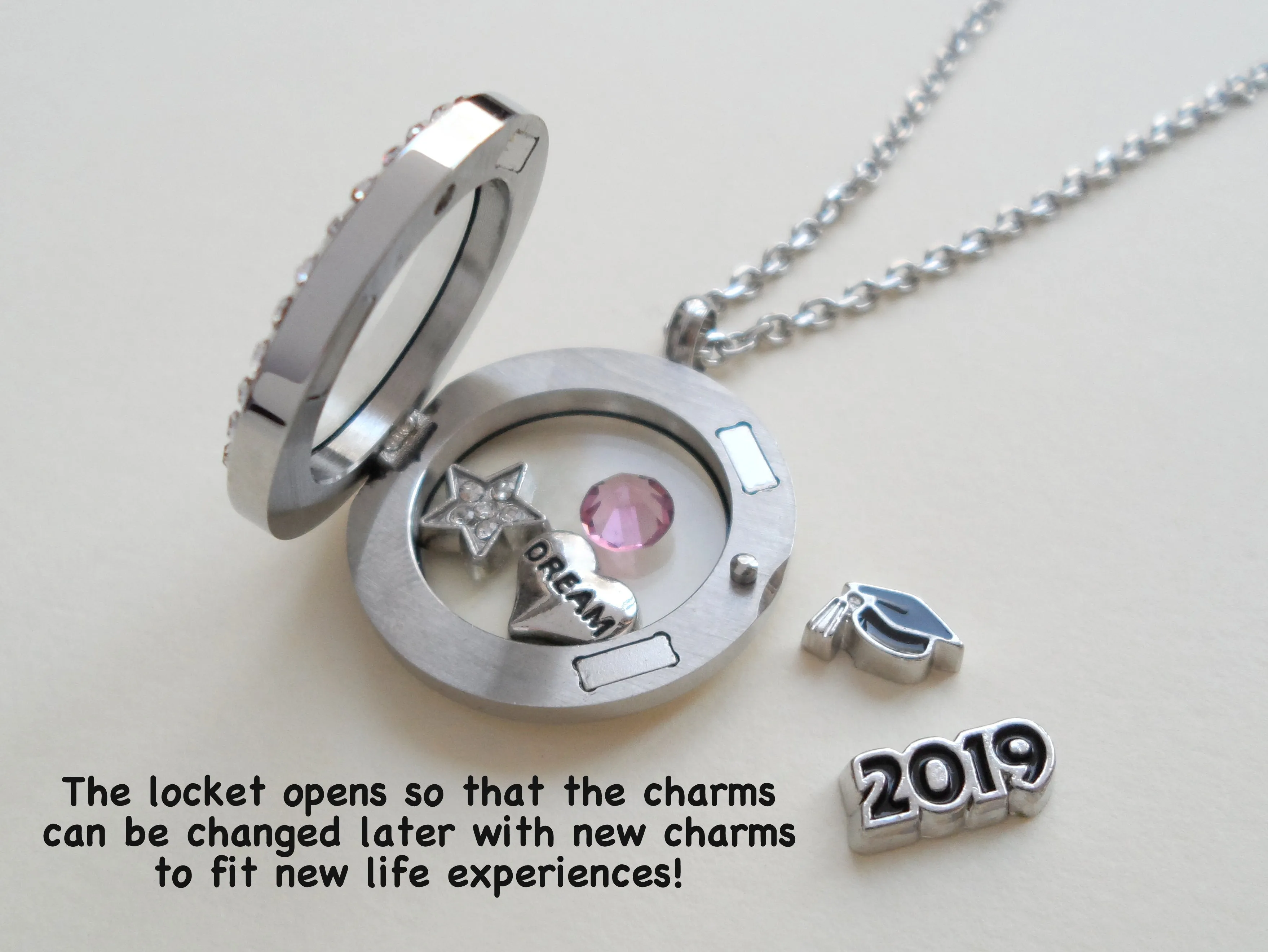 Class of 2025 Graduate Locket Necklace with Graduate Cap, 2025 Disc, and Custom Letter & Birthstone - by Jewelry Everyday