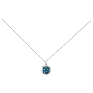 Cushion Blue Topaz Diamond Halo Necklace
