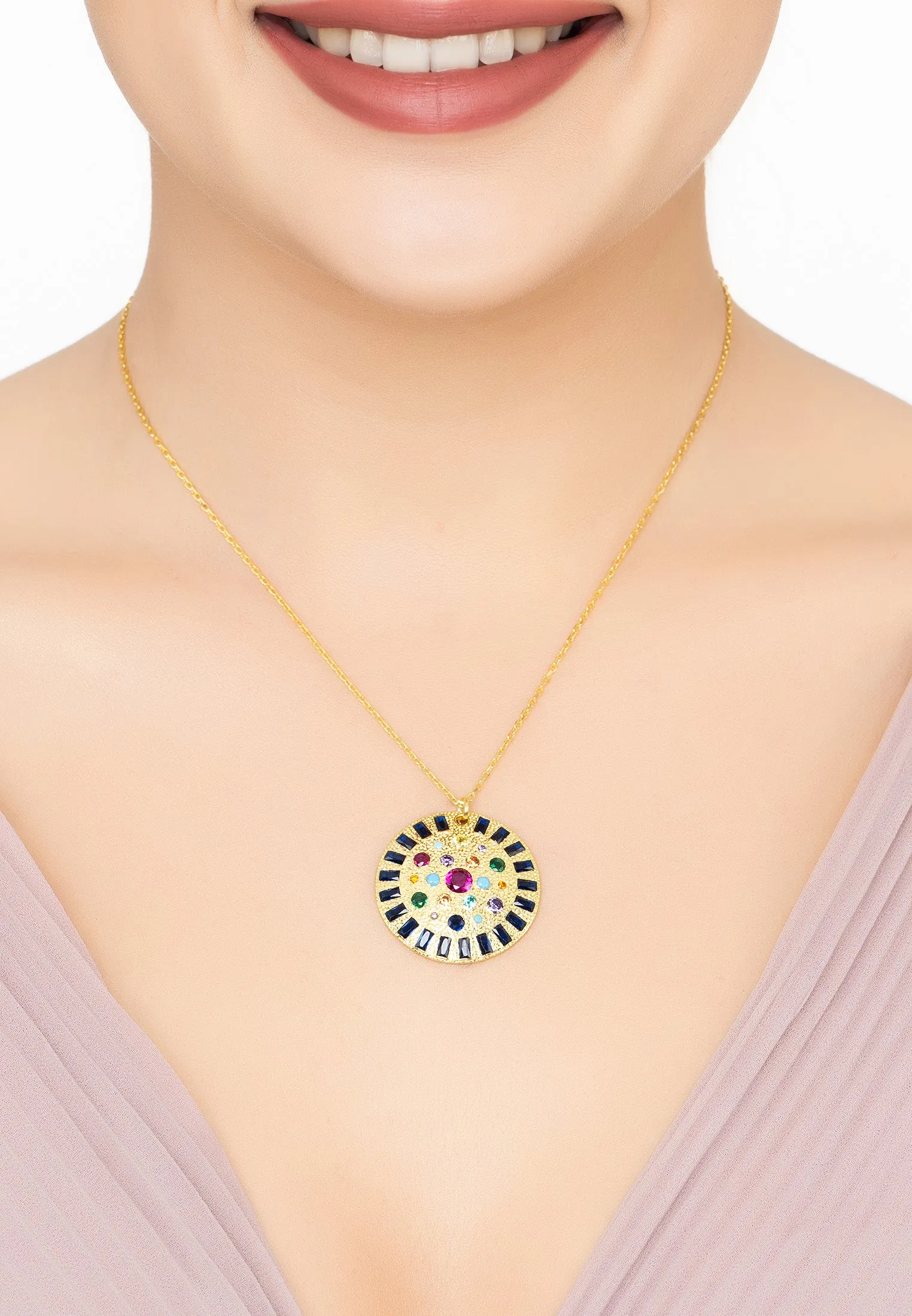 Ecliptic Mosaic Circle Gemstone Pendant Necklace Gold