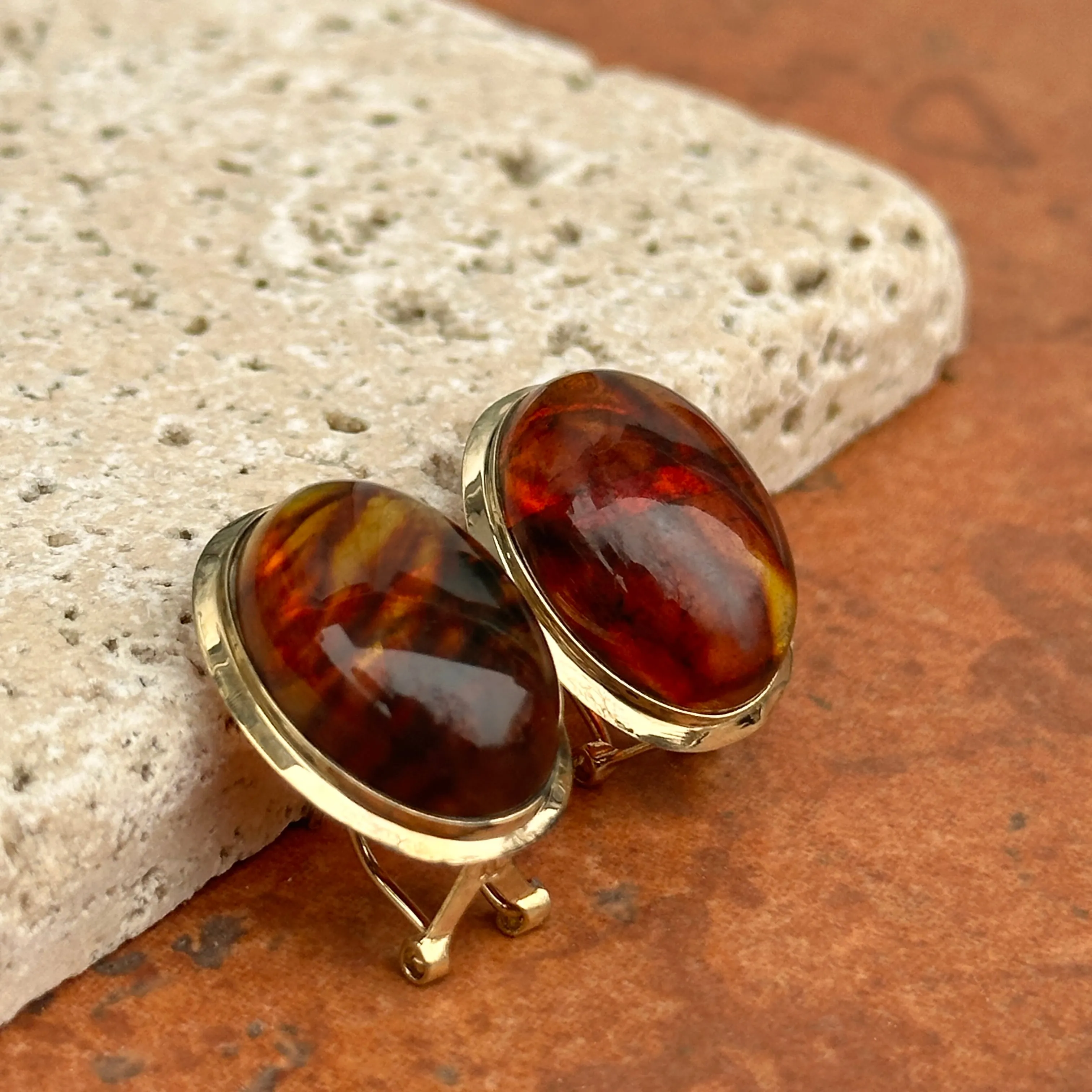 Estate 14KT Yellow Gold Oval Bezel Amber Omega Earrings