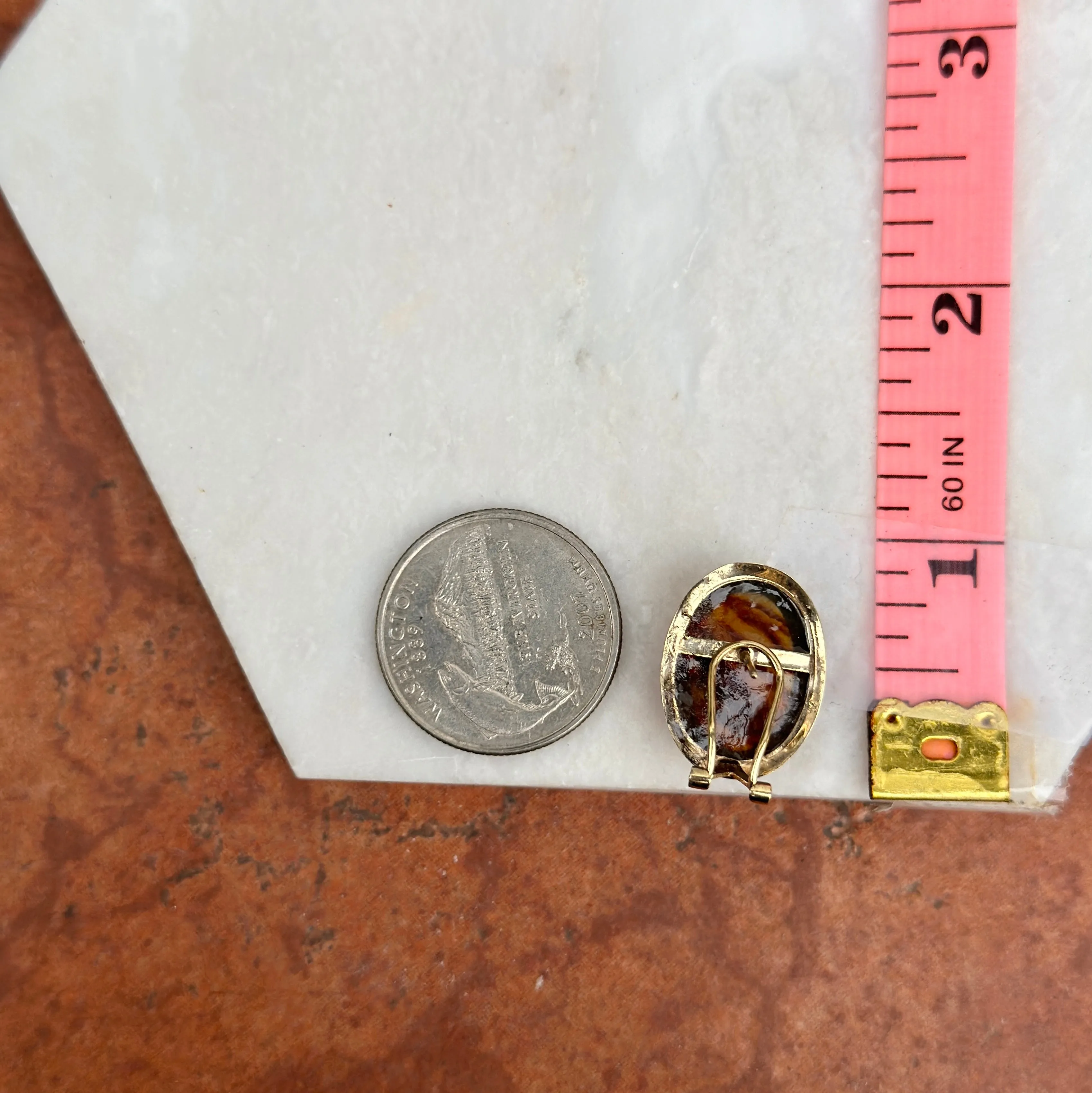 Estate 14KT Yellow Gold Oval Bezel Amber Omega Earrings