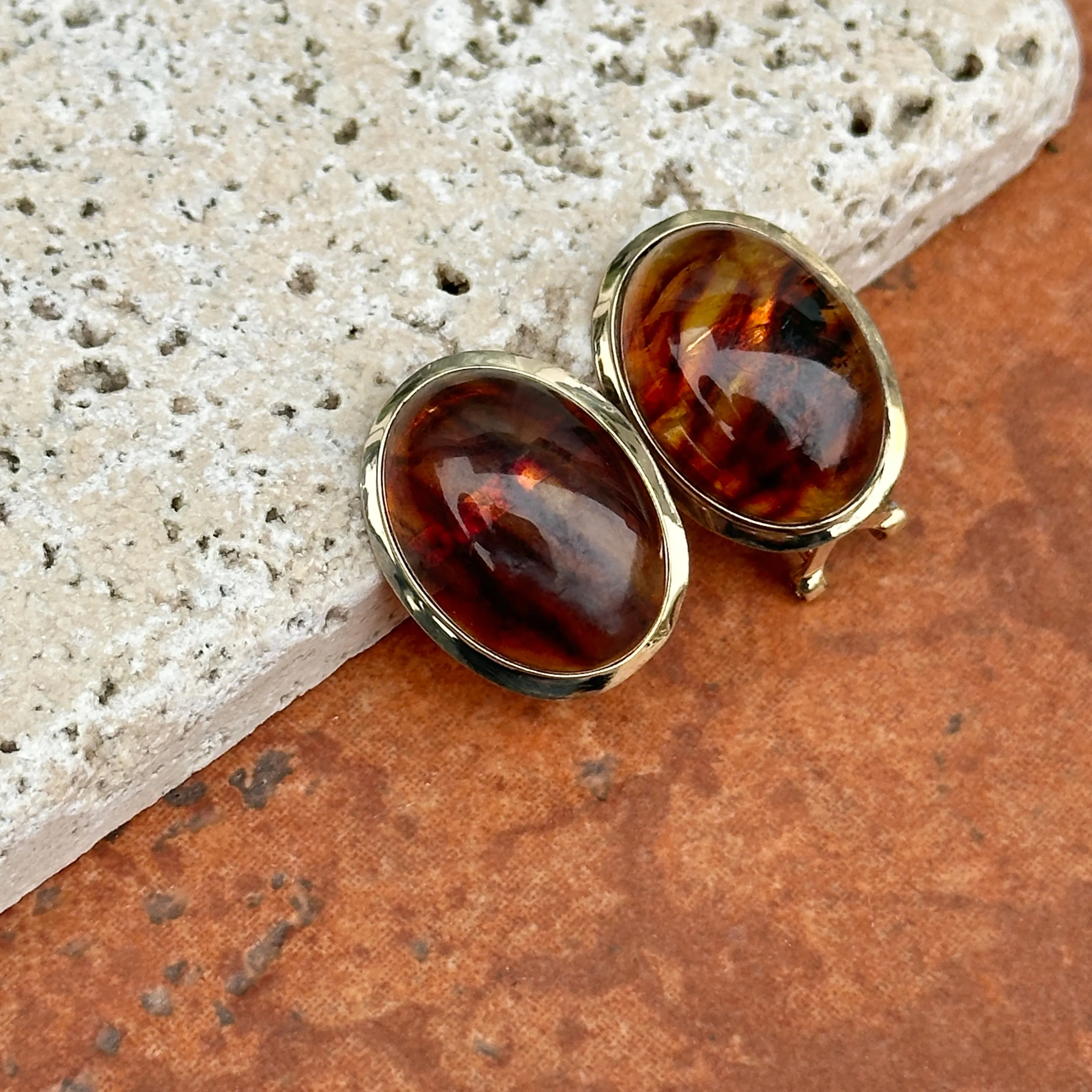 Estate 14KT Yellow Gold Oval Bezel Amber Omega Earrings