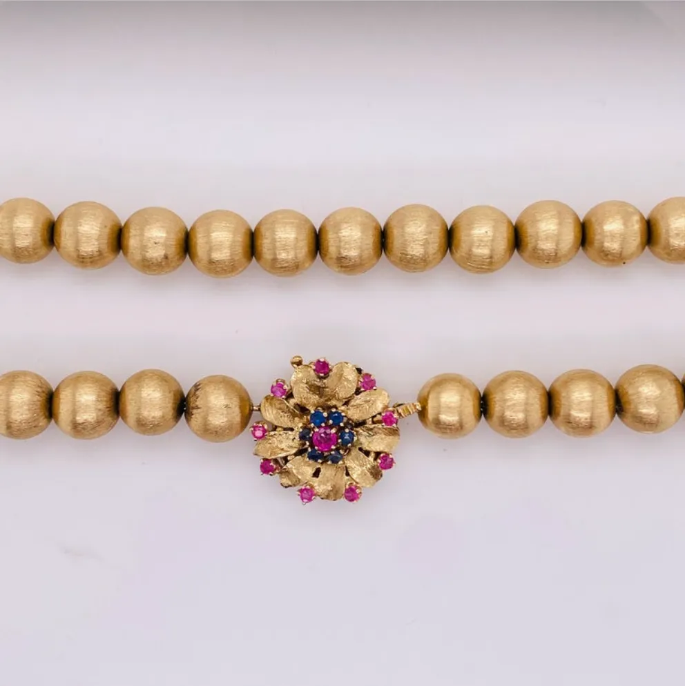 Estate Gold Beads Ruby Sapphire Clasp Necklace