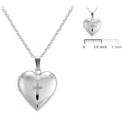 Girl's Sterling Silver Heart Shaped Engraved Cross Locket Necklace (15 in)