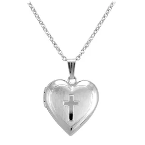Girl's Sterling Silver Heart Shaped Engraved Cross Locket Necklace (15 in)