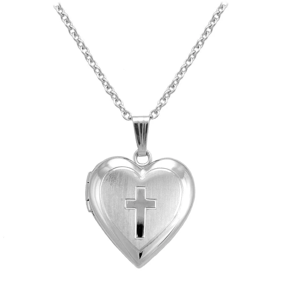 Girl's Sterling Silver Heart Shaped Engraved Cross Locket Necklace (15 in)