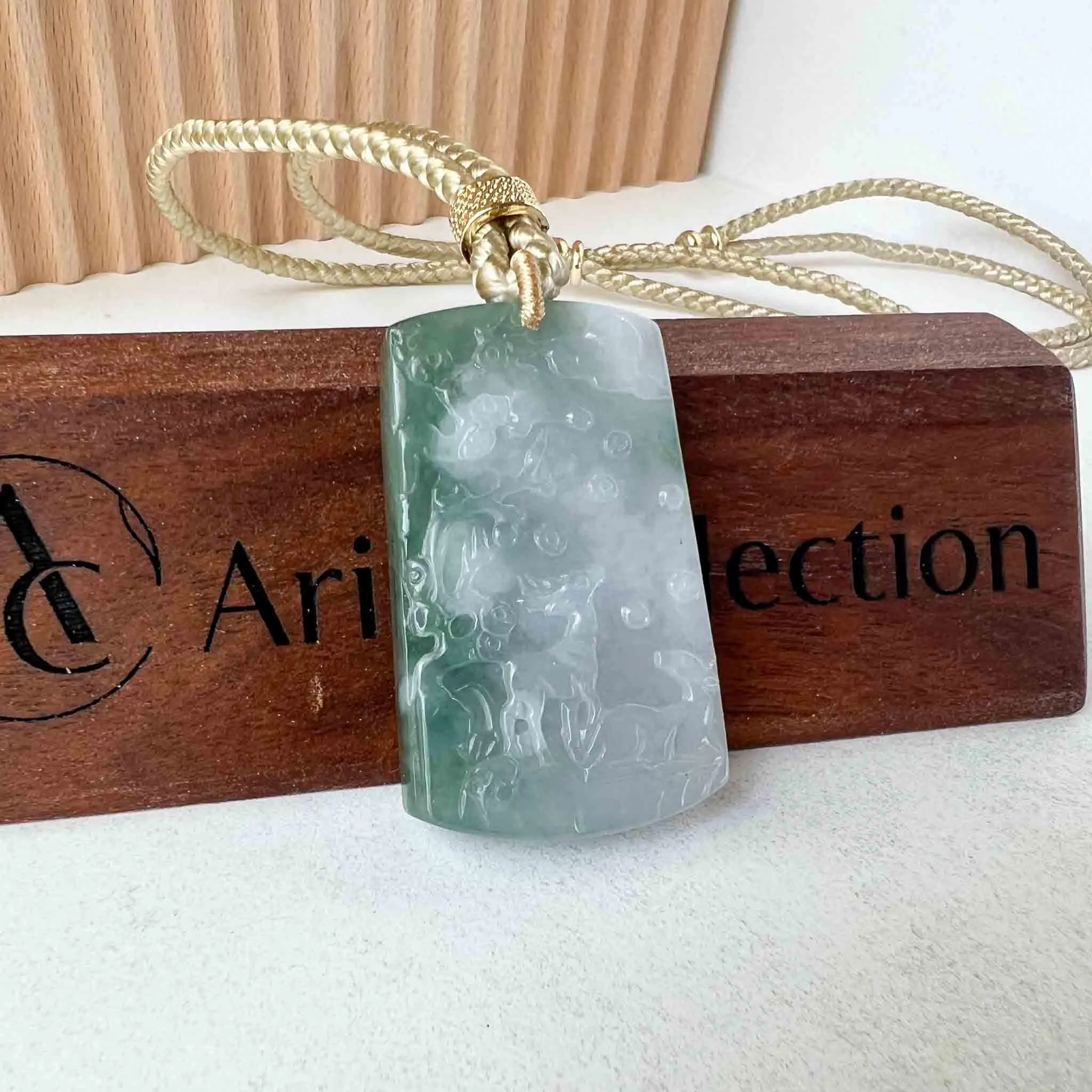 Green White Jadeite Jade Deers in Forest Hand Carved Pendant Necklace, YJ-1022-0064623