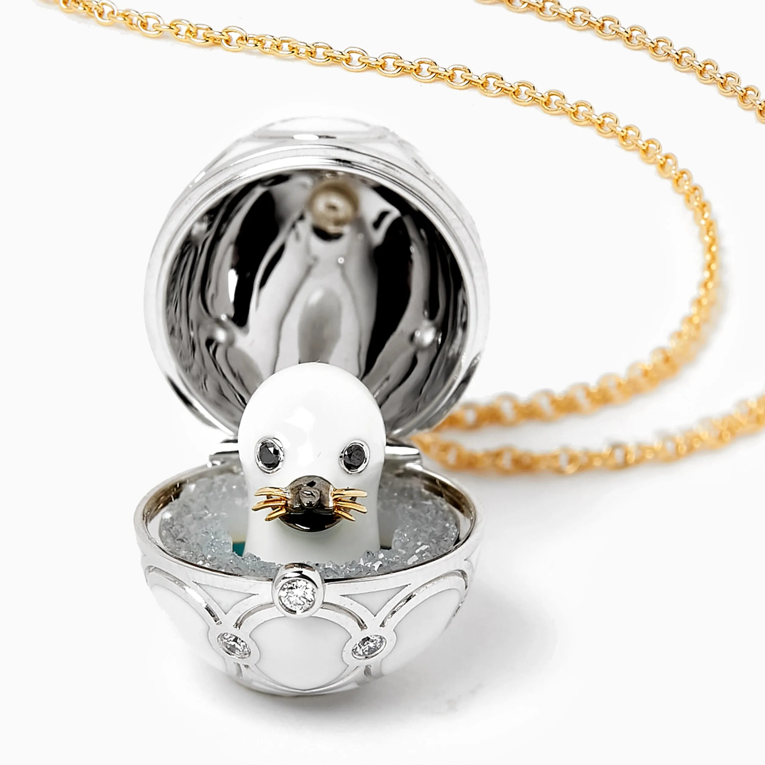 Guilloché Enamel Seal Pup Surprise Locket