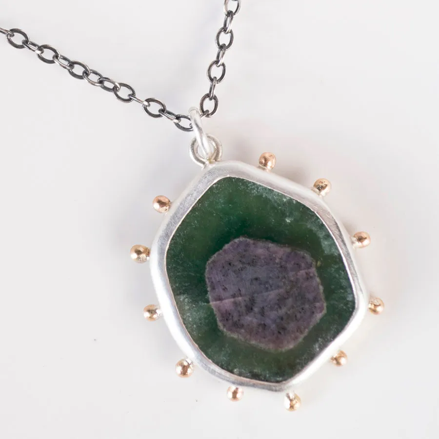 Hailey Ruby in Zoisite Pendant with Gold Granule Halo