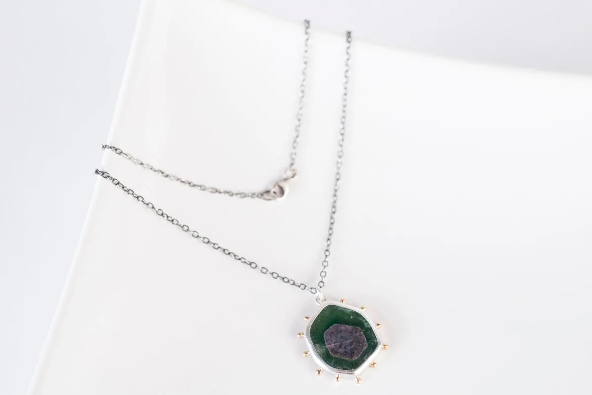 Hailey Ruby in Zoisite Pendant with Gold Granule Halo