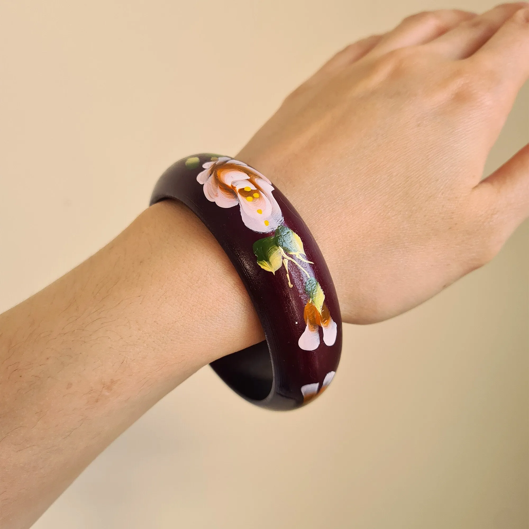 Hand drawn flower cherry peony flower pine tree wooden bangle hand painted hand carved bracelet