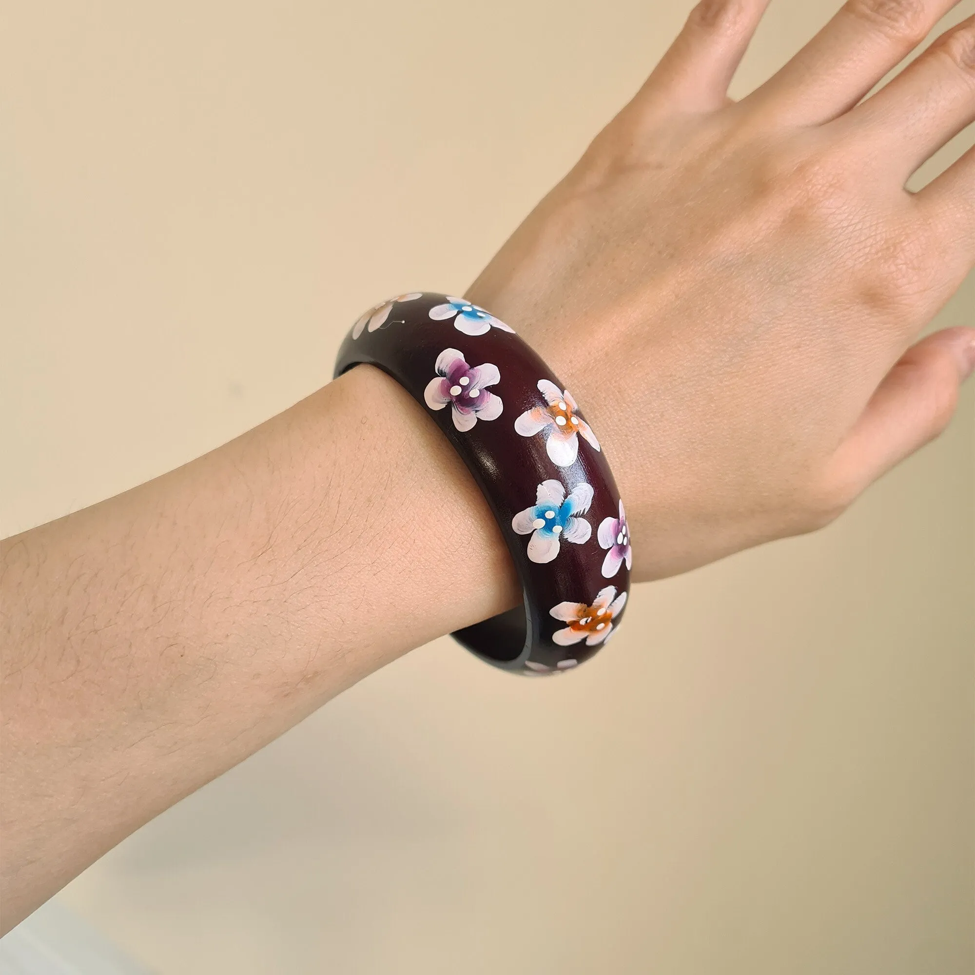 Hand drawn flower cherry peony flower pine tree wooden bangle hand painted hand carved bracelet