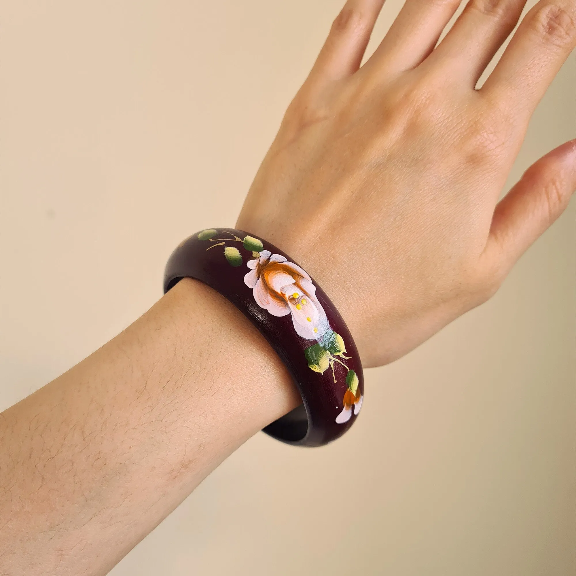 Hand drawn flower cherry peony flower pine tree wooden bangle hand painted hand carved bracelet