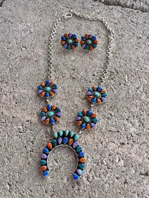 Handmade Sterling Silver, Turquoise, & Fire Opal Squash Necklace, Earrings Set Signed Nizhoni
