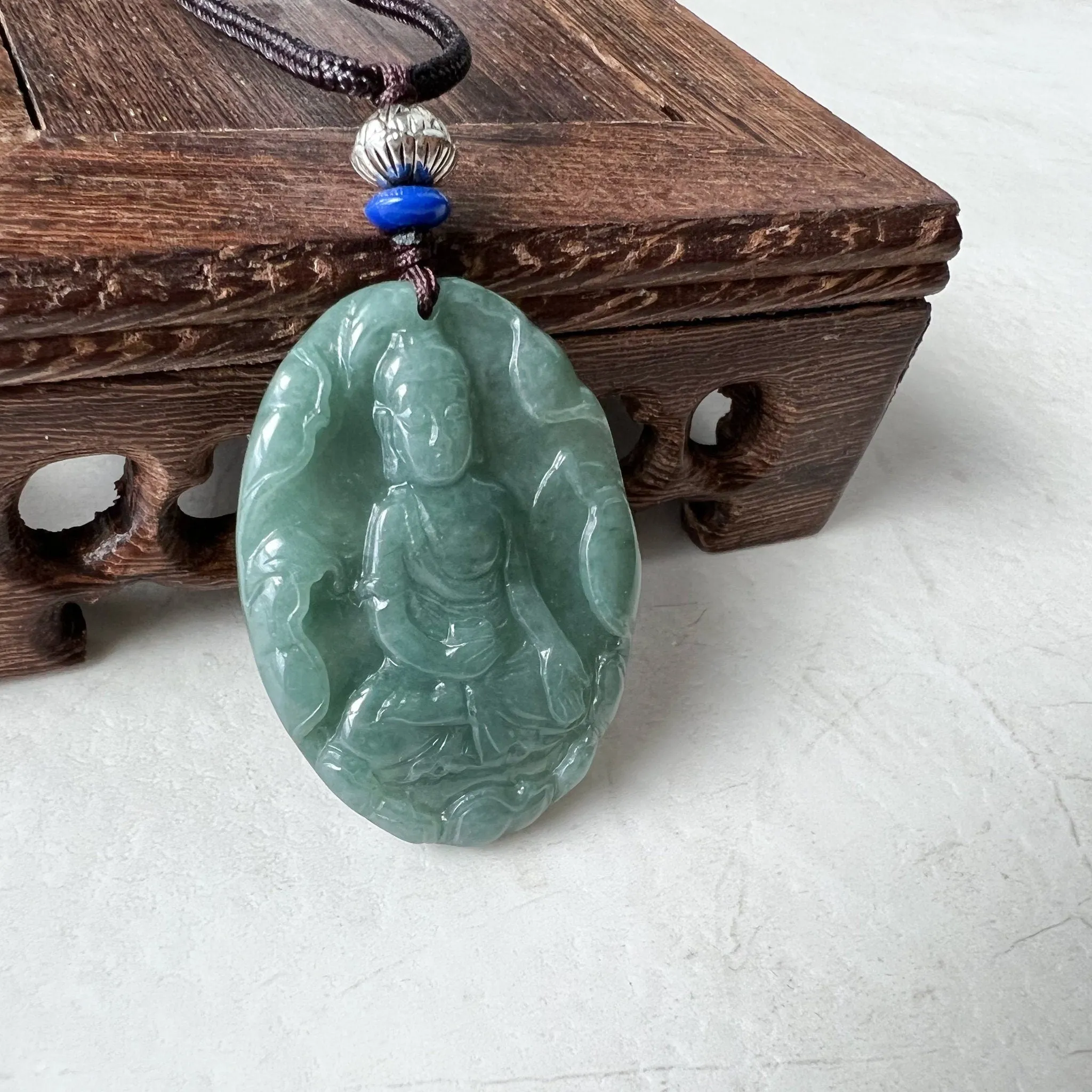 Jadeite Jade Amitabha Buddha Amita Amida Green Carved Pendant Necklace, YJ-1221-0252014