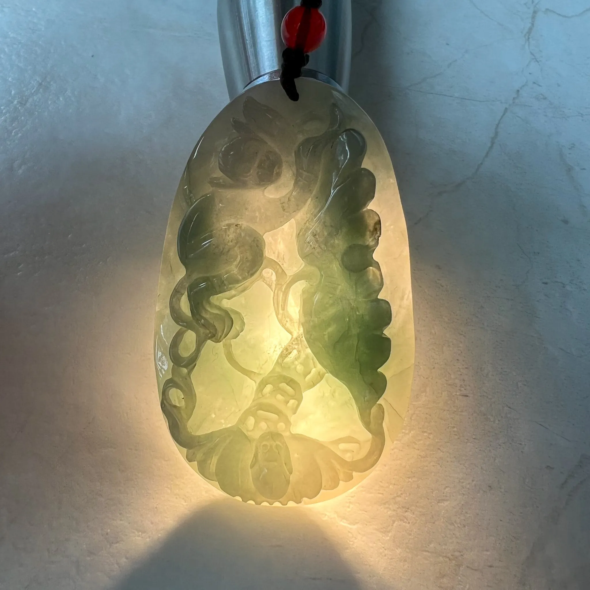 Jadeite Jade Monkey and Bat Floral Necklace, Chinese Zodiac Carved Pendant Necklace, YJ-0322-0404533