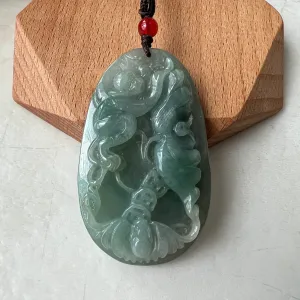 Jadeite Jade Monkey and Bat Floral Necklace, Chinese Zodiac Carved Pendant Necklace, YJ-0322-0404533