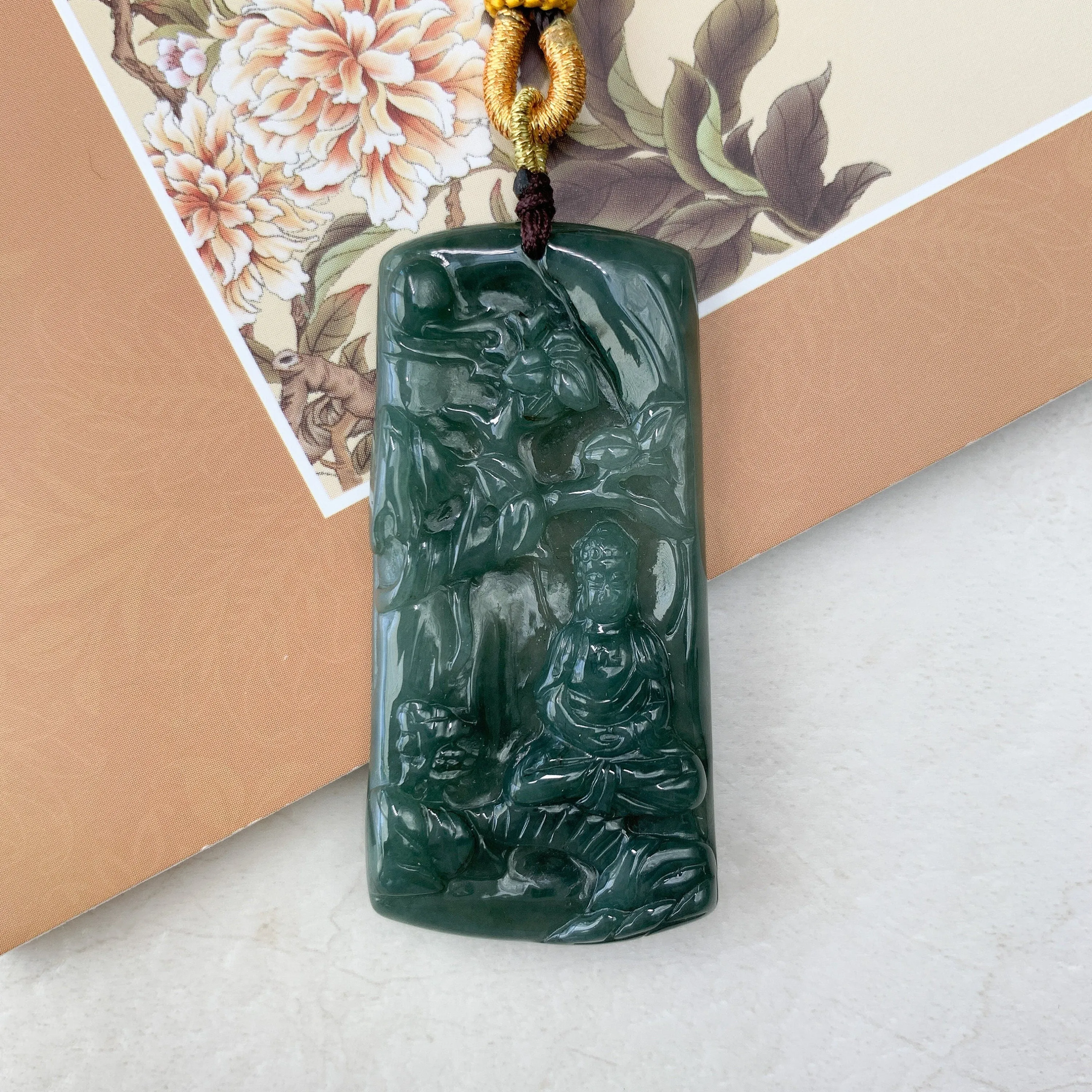 Jadeite Jade Vairocana Buddha Da Ri Ru Lai Green Yellow Carved Pendant Necklace, YJ-0321-0360436