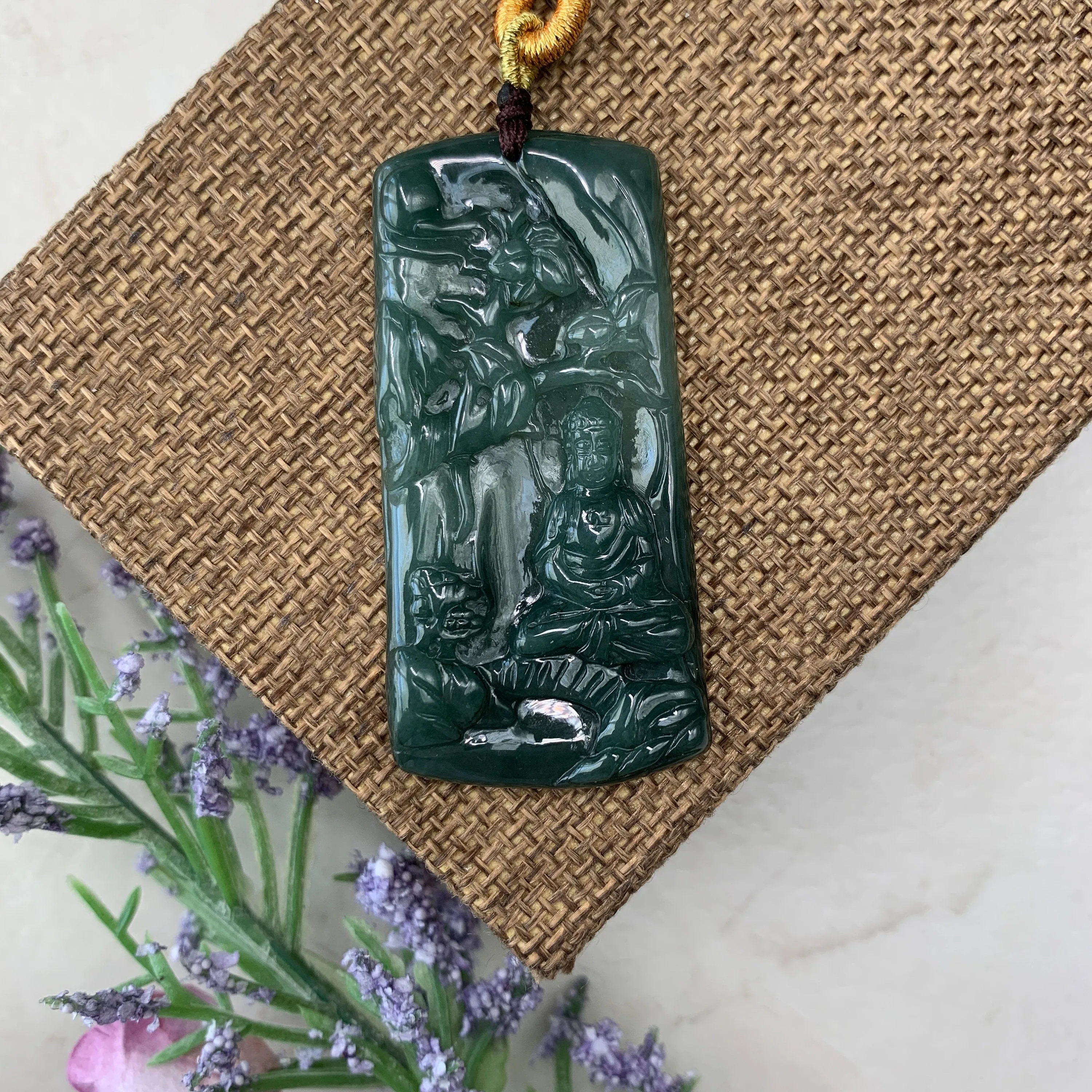 Jadeite Jade Vairocana Buddha Da Ri Ru Lai Green Yellow Carved Pendant Necklace, YJ-0321-0360436