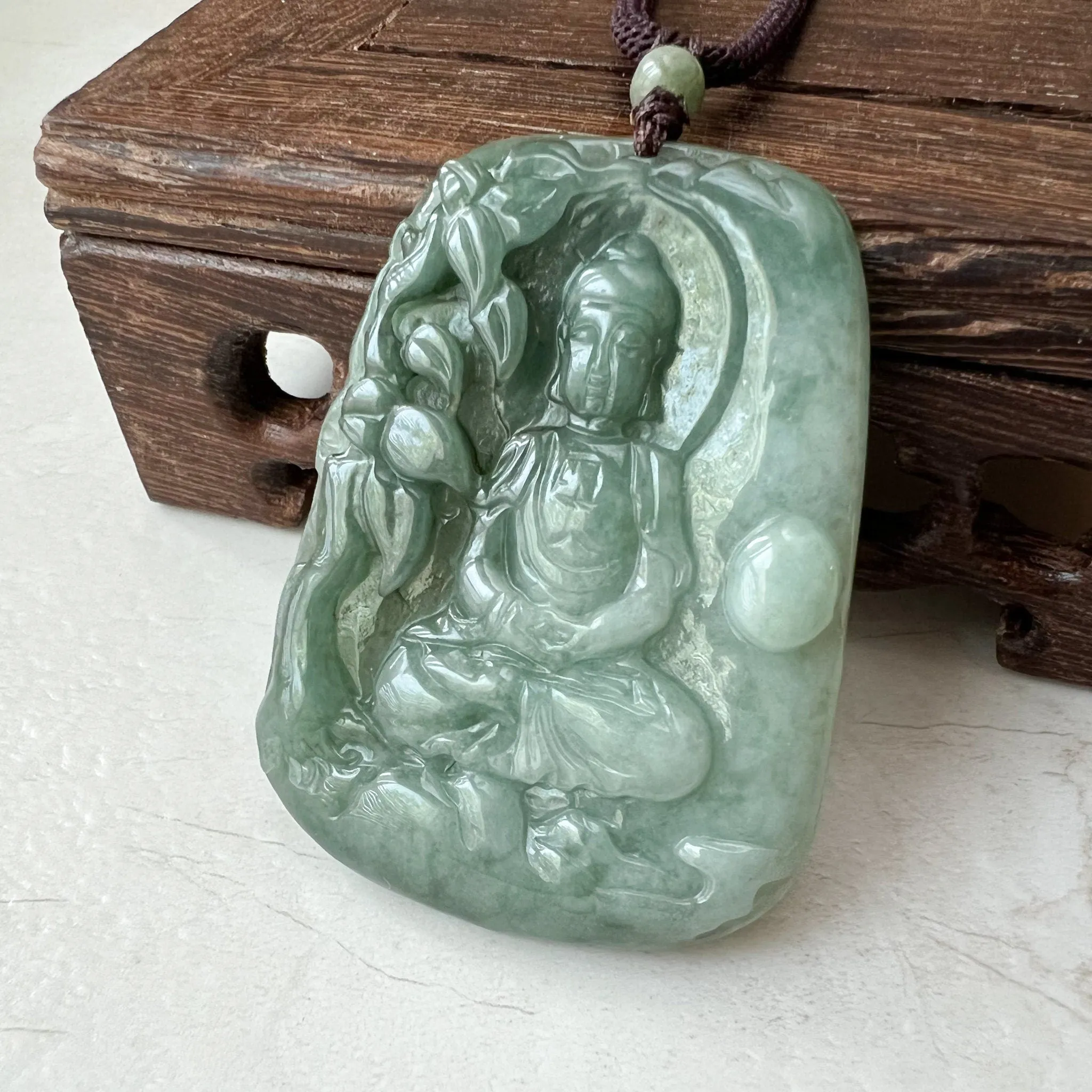 Jadeite Jade Vairocana Buddha, Da Ri Ru Lai, Đại Nhật Như Lai, 大日如来, Hand Carved Jade Pendant Necklace, YJ-1221-0295426
