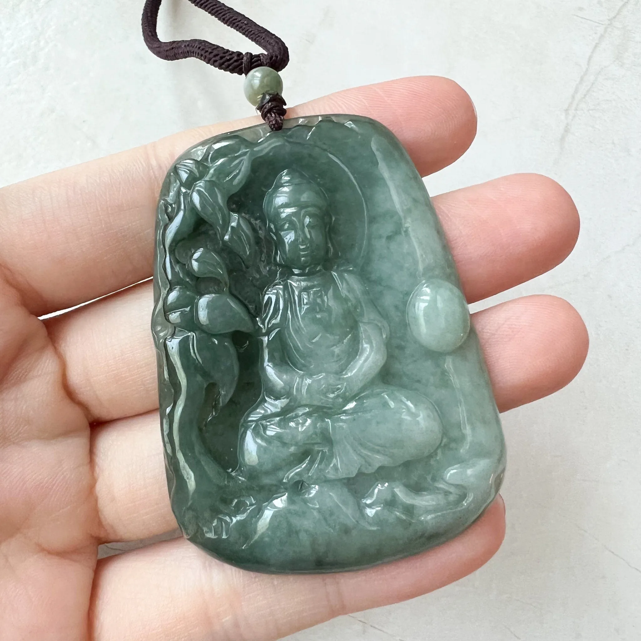 Jadeite Jade Vairocana Buddha, Da Ri Ru Lai, Đại Nhật Như Lai, 大日如来, Hand Carved Jade Pendant Necklace, YJ-1221-0295426