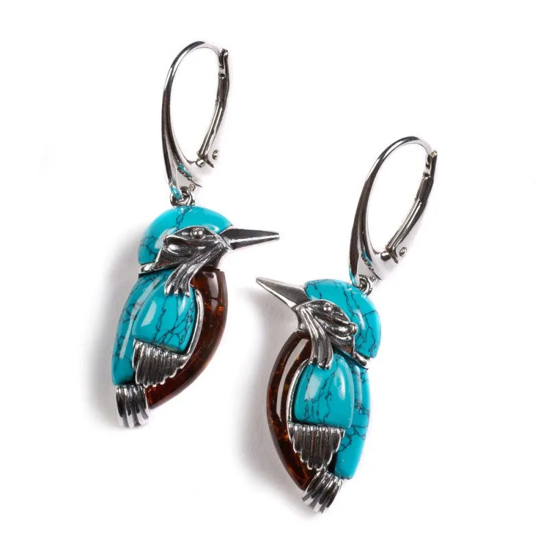 KINGFISHER BIRD DROP EARRINGS IN SILVER, Reconstituted TURQUOISE AND AMBER