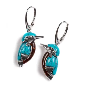 KINGFISHER BIRD DROP EARRINGS IN SILVER, Reconstituted TURQUOISE AND AMBER