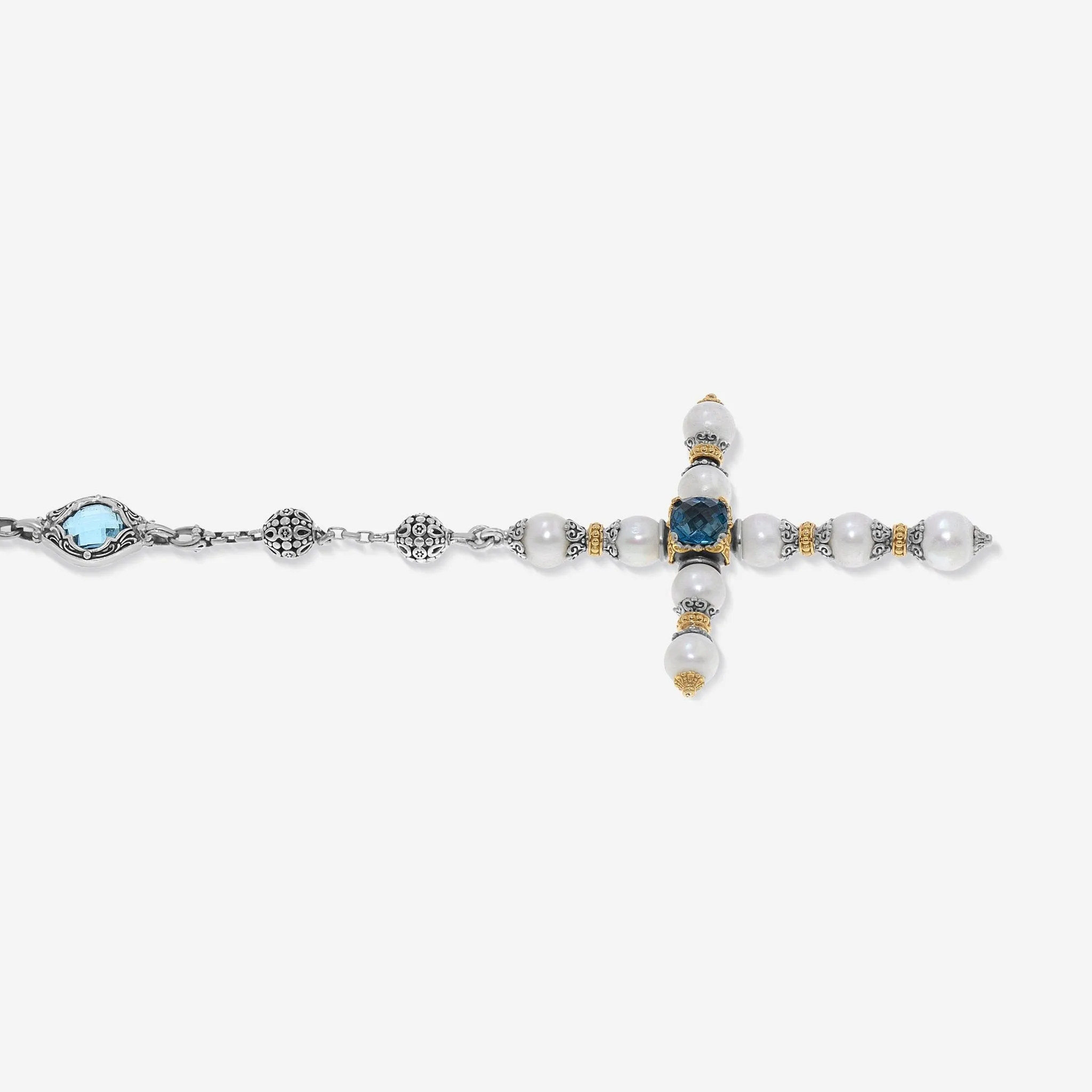 Konstantino Blue Topaz, Iolite and Pearl Cross Lariat Necklace KOMK4733-999-CUT
