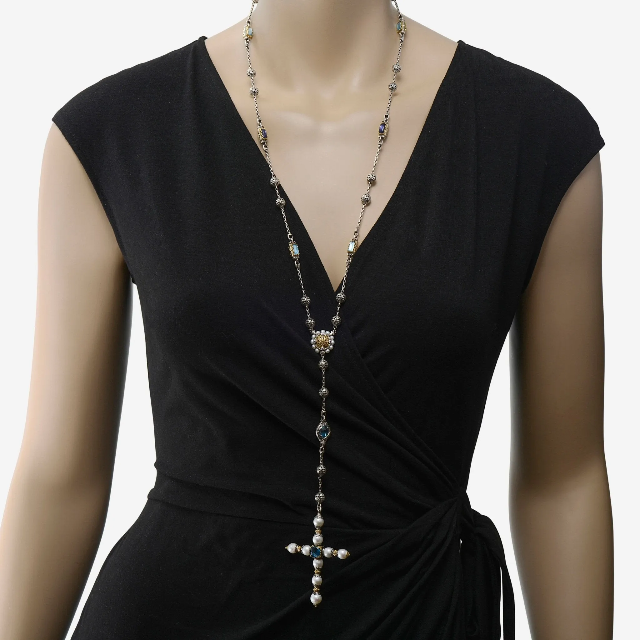 Konstantino Blue Topaz, Iolite and Pearl Cross Lariat Necklace KOMK4733-999-CUT